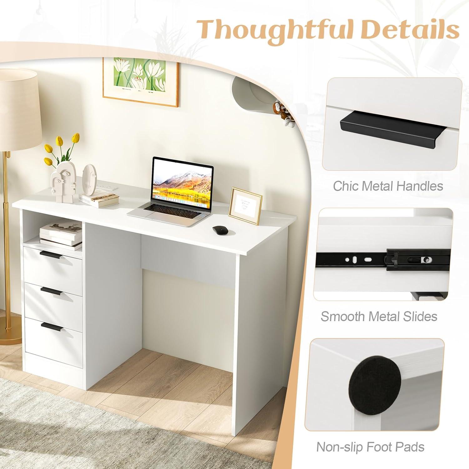 image:imageGiantex White Desk with Drawers Modern Computer Desk with Charging Station PC Laptop Table Computer Workstation with Storage Makeup Vanity Table Writing Desk for Bedroom