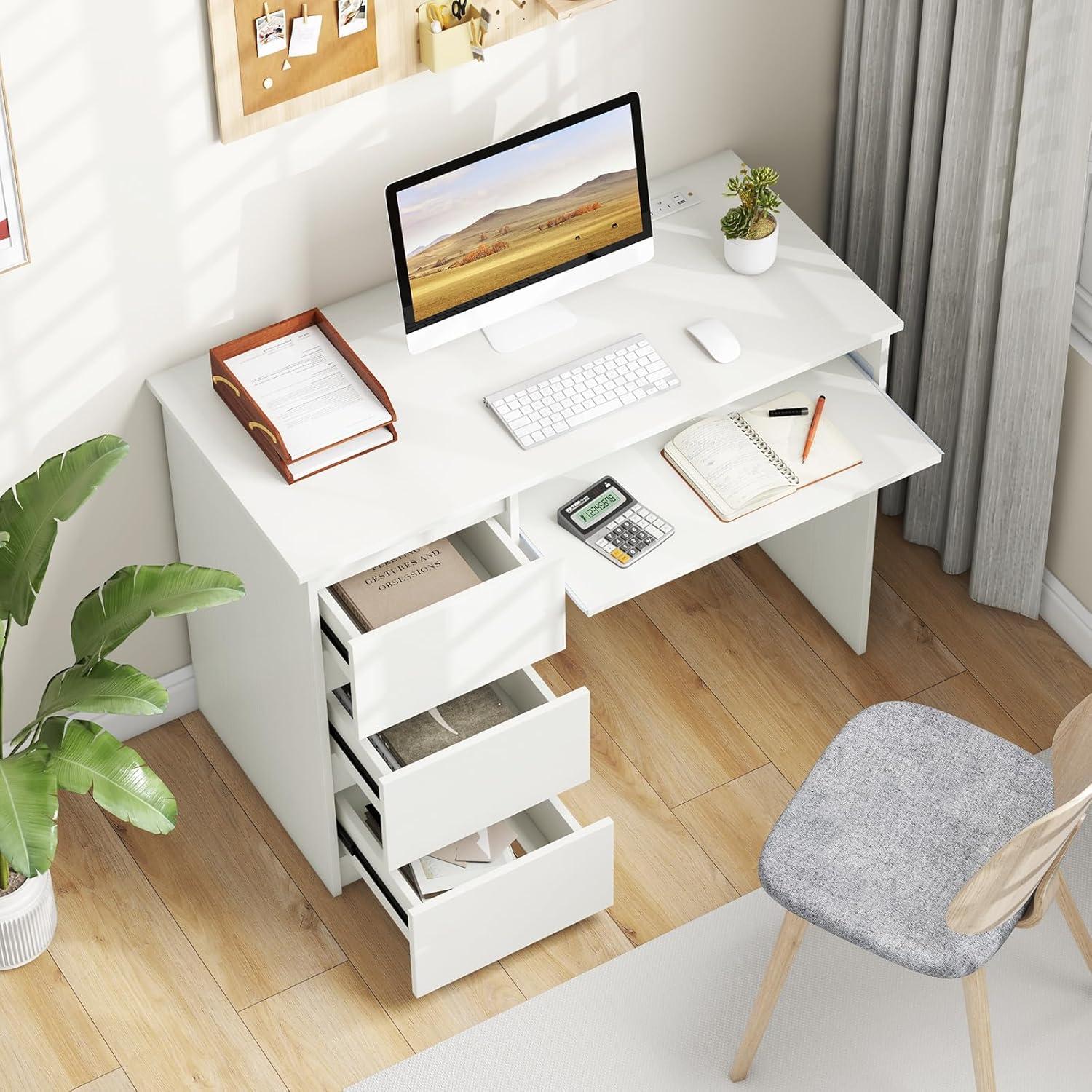 image:imageGiantex White Desk with Drawers Modern Computer Desk with Charging Station amp Keyboard Tray Laptop PC Computer Workstation Study Writing Desk for BedroomWhite