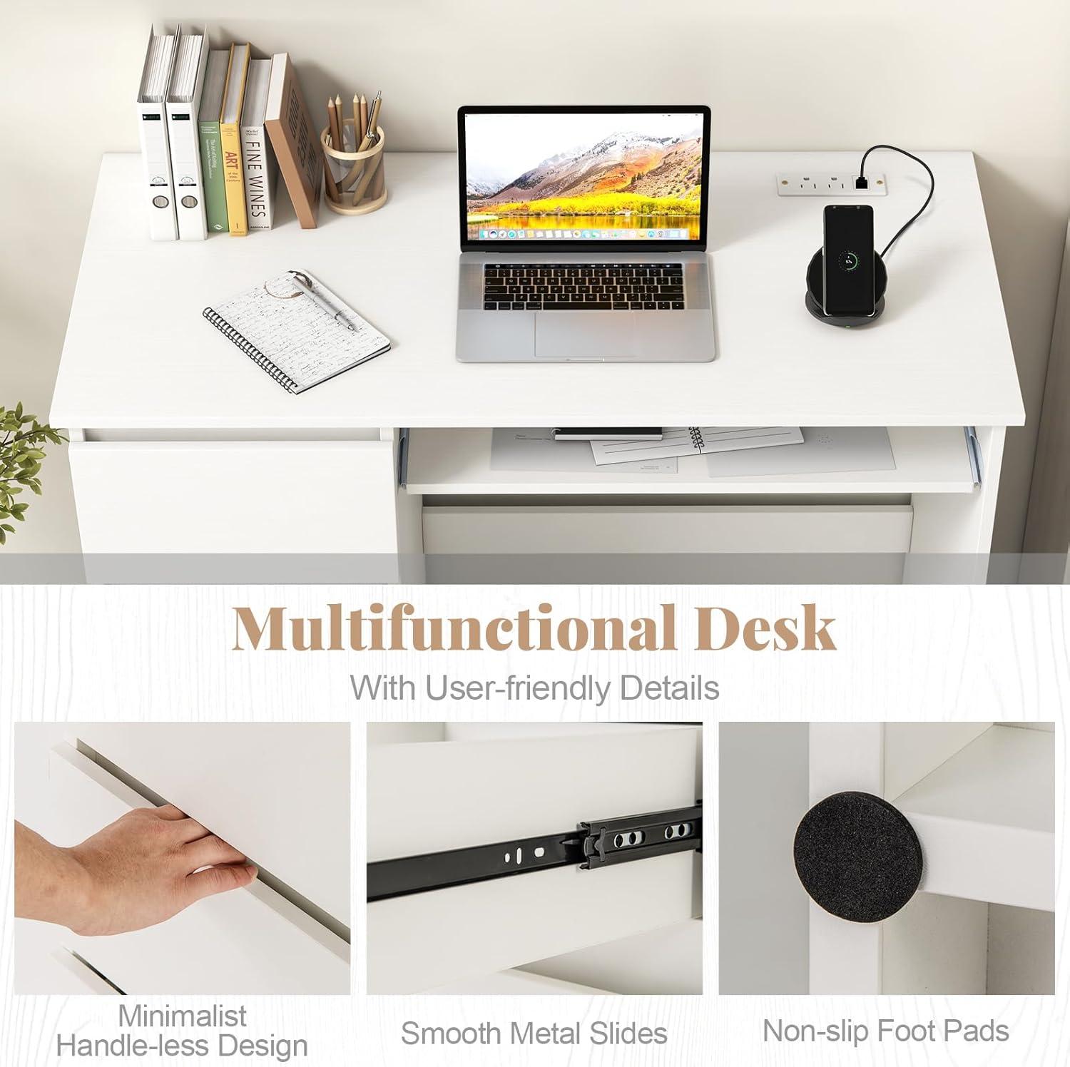 image:imageGiantex White Desk with Drawers Modern Computer Desk with Charging Station amp Keyboard Tray Laptop PC Computer Workstation Study Writing Desk for BedroomWhite