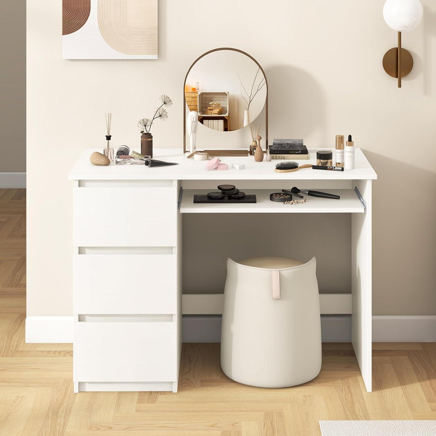 image:imageGiantex White Desk with Drawers Modern Computer Desk with Charging Station amp Keyboard Tray Laptop PC Computer Workstation Study Writing Desk for BedroomWhite