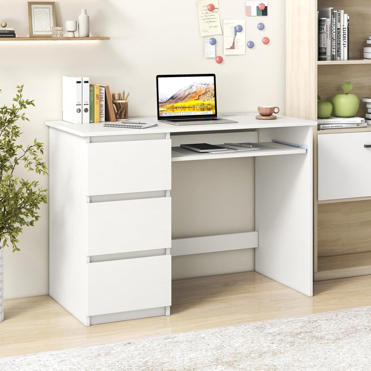image:imageGiantex White Desk with Drawers Modern Computer Desk with Charging Station amp Keyboard Tray Laptop PC Computer Workstation Study Writing Desk for BedroomWhite