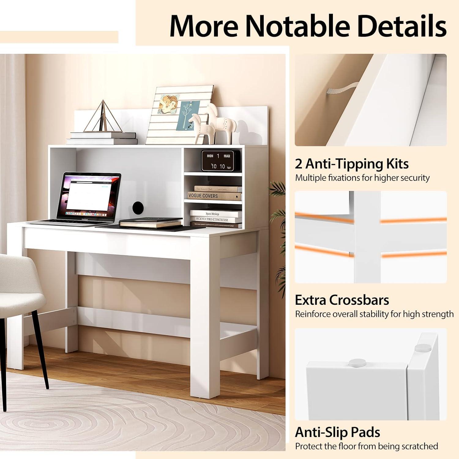 image:imageGiantex White Desk with Hutch Home Office Desk with Bookshelf Computer Workstation PC Laptop Table with AntiToppling Device amp Cable Hole Modern Study Writing Desk for Small Spaces BedroomWhite