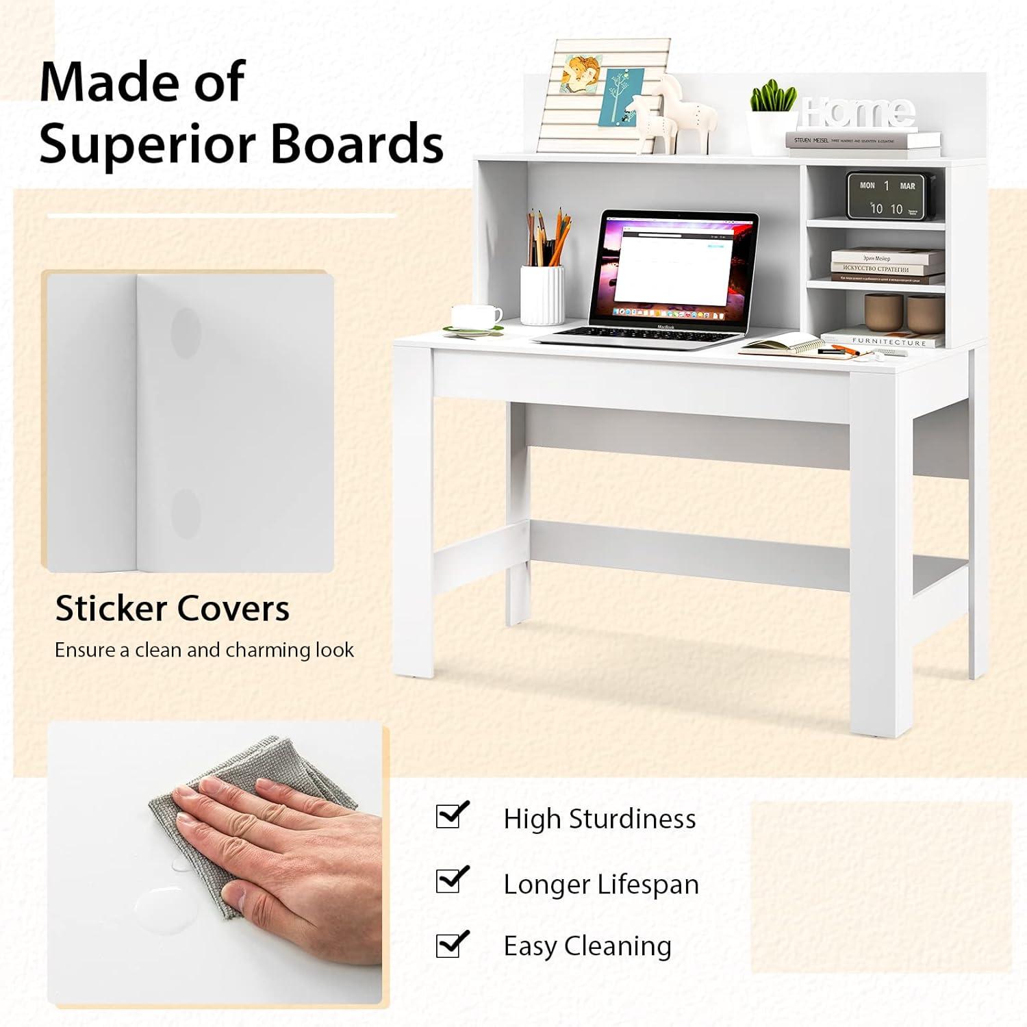 image:imageGiantex White Desk with Hutch Home Office Desk with Bookshelf Computer Workstation PC Laptop Table with AntiToppling Device amp Cable Hole Modern Study Writing Desk for Small Spaces BedroomWhite