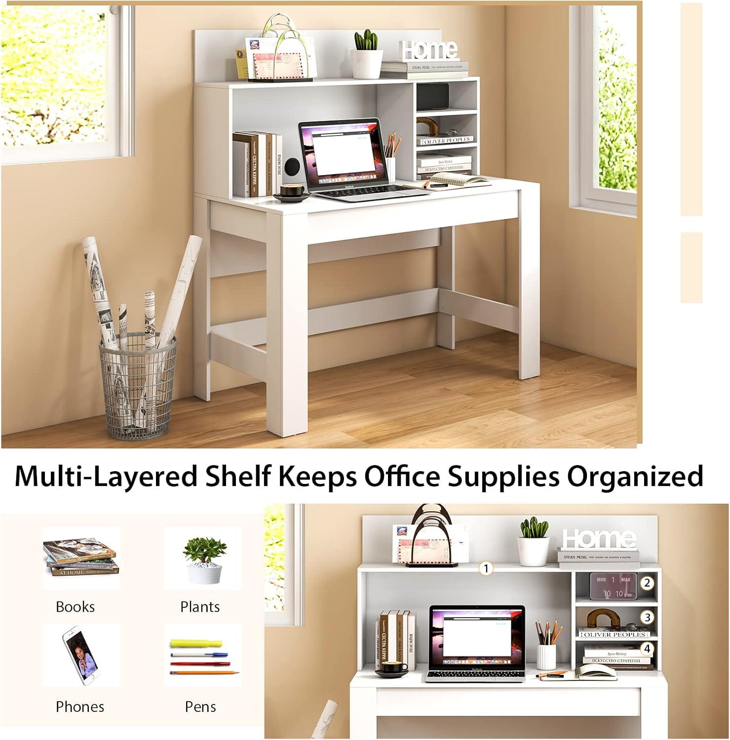 image:imageGiantex White Desk with Hutch Home Office Desk with Bookshelf Computer Workstation PC Laptop Table with AntiToppling Device amp Cable Hole Modern Study Writing Desk for Small Spaces BedroomWhite