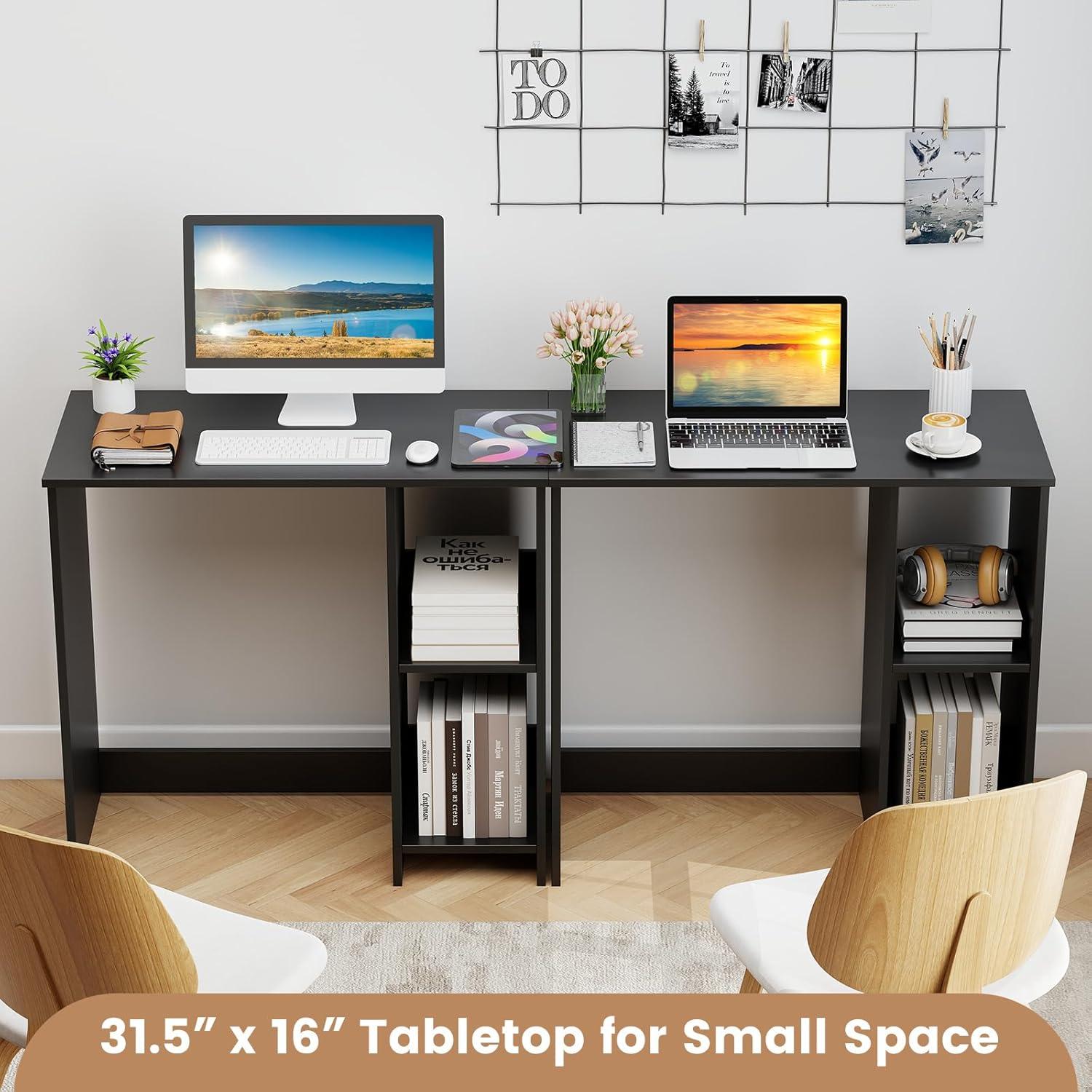 image:imageGiantex White Small Desk for Bedroom 315 Inch Home Office Computer Desk with Shelves Space Saving Study Writing Desk Modern Simple Laptop Desk for Small Spaces WhiteBlack