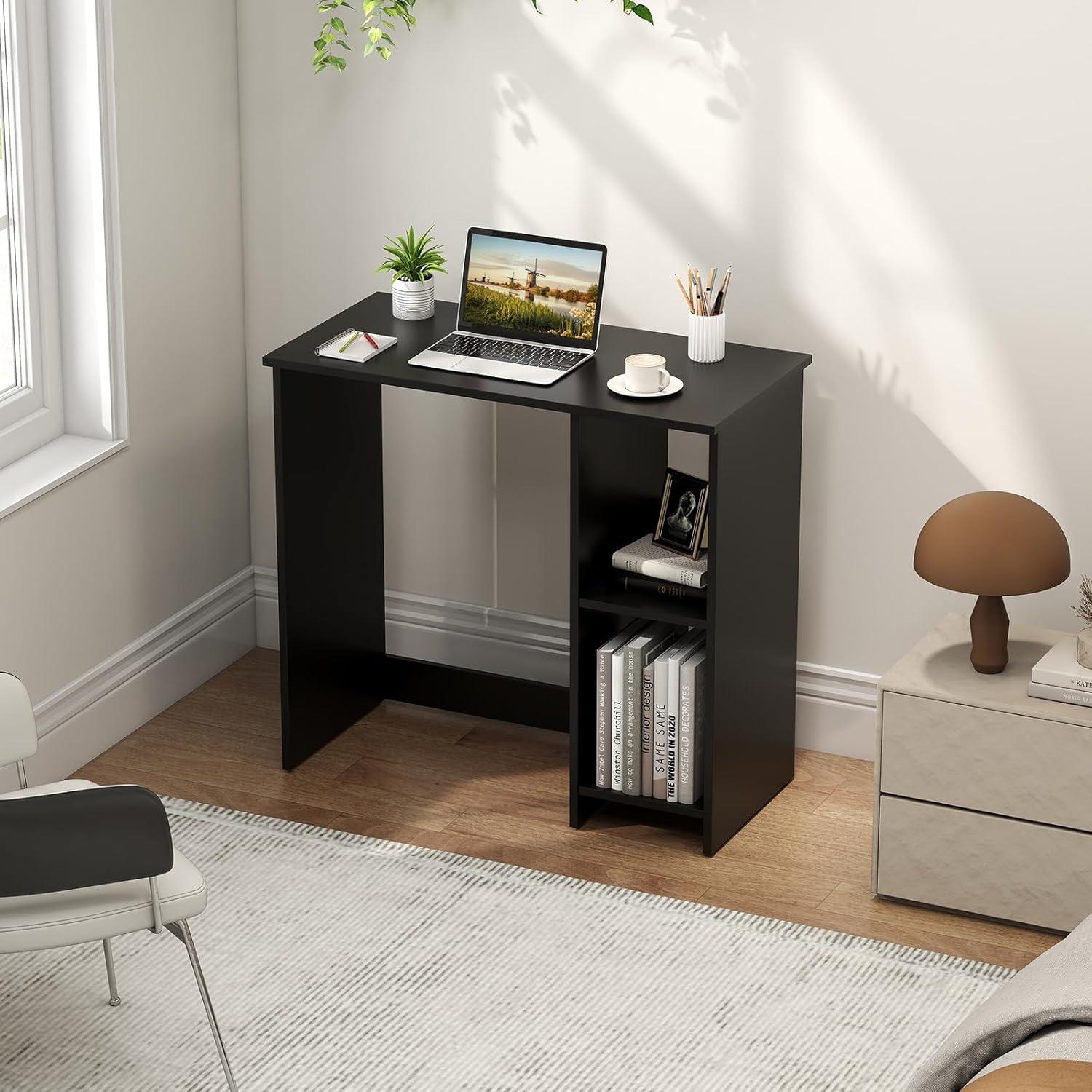 image:imageGiantex White Small Desk for Bedroom 315 Inch Home Office Computer Desk with Shelves Space Saving Study Writing Desk Modern Simple Laptop Desk for Small Spaces WhiteBlack