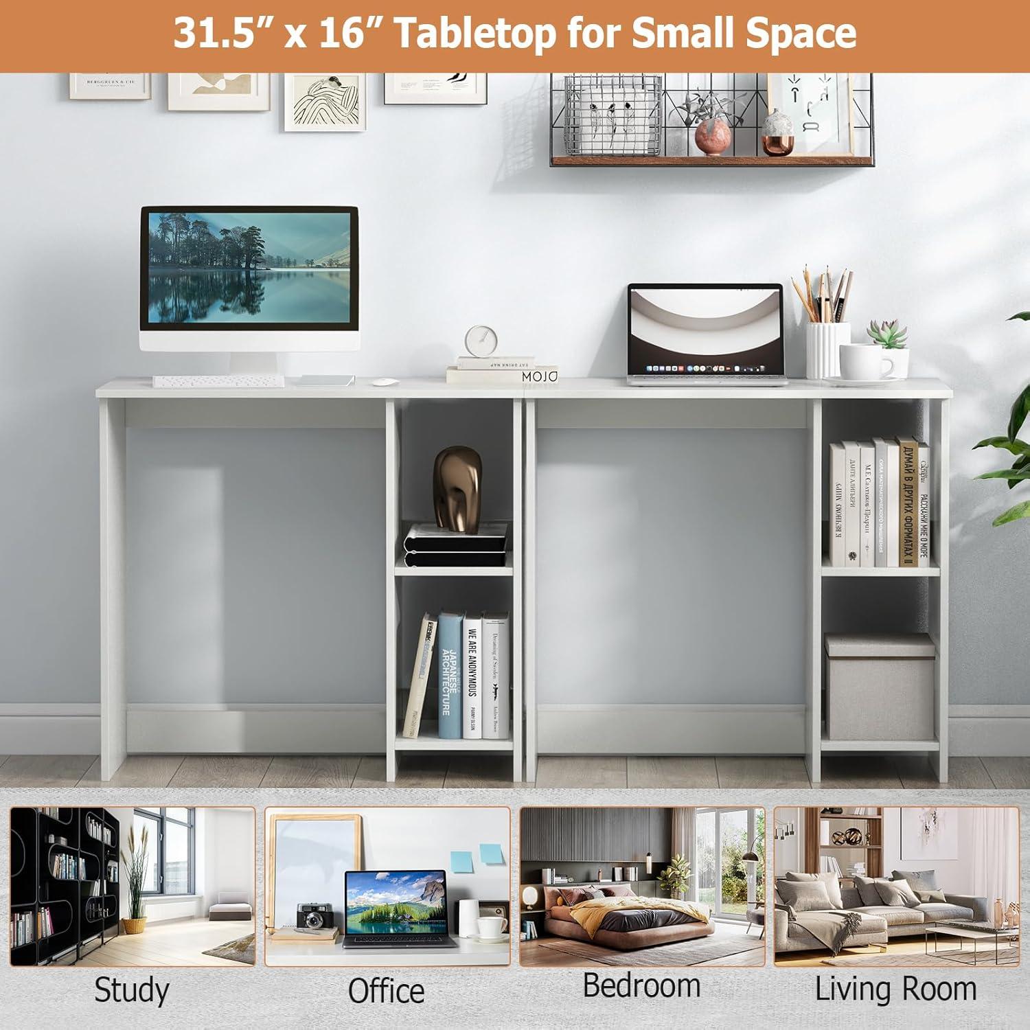 image:imageGiantex White Small Desk for Bedroom 315 Inch Home Office Computer Desk with Shelves Space Saving Study Writing Desk Modern Simple Laptop Desk for Small Spaces WhiteWhite