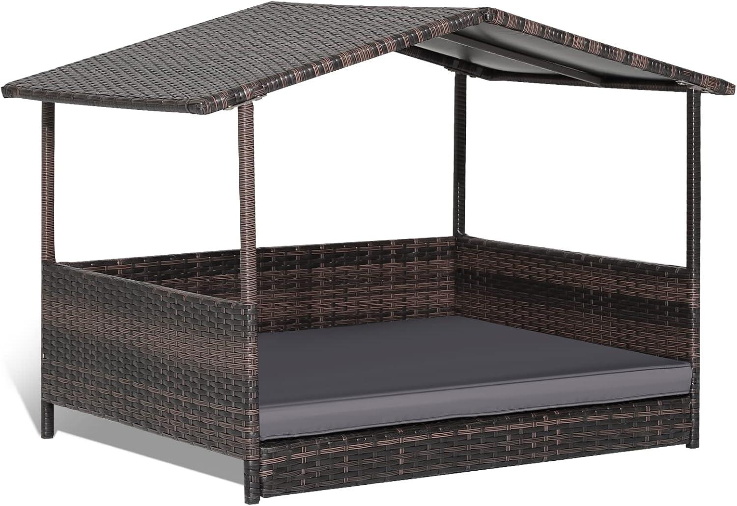 image:imageGiantex Wicker Dog House Raised Rattan Dog Bed with Waterproof Roof Washable Cushion Cover Steel Frame Indoor Outdoor Elevated Dog Bed Pet House for Small Medium Dogs Cats Easy AssemblyBrown House Grey Cushion