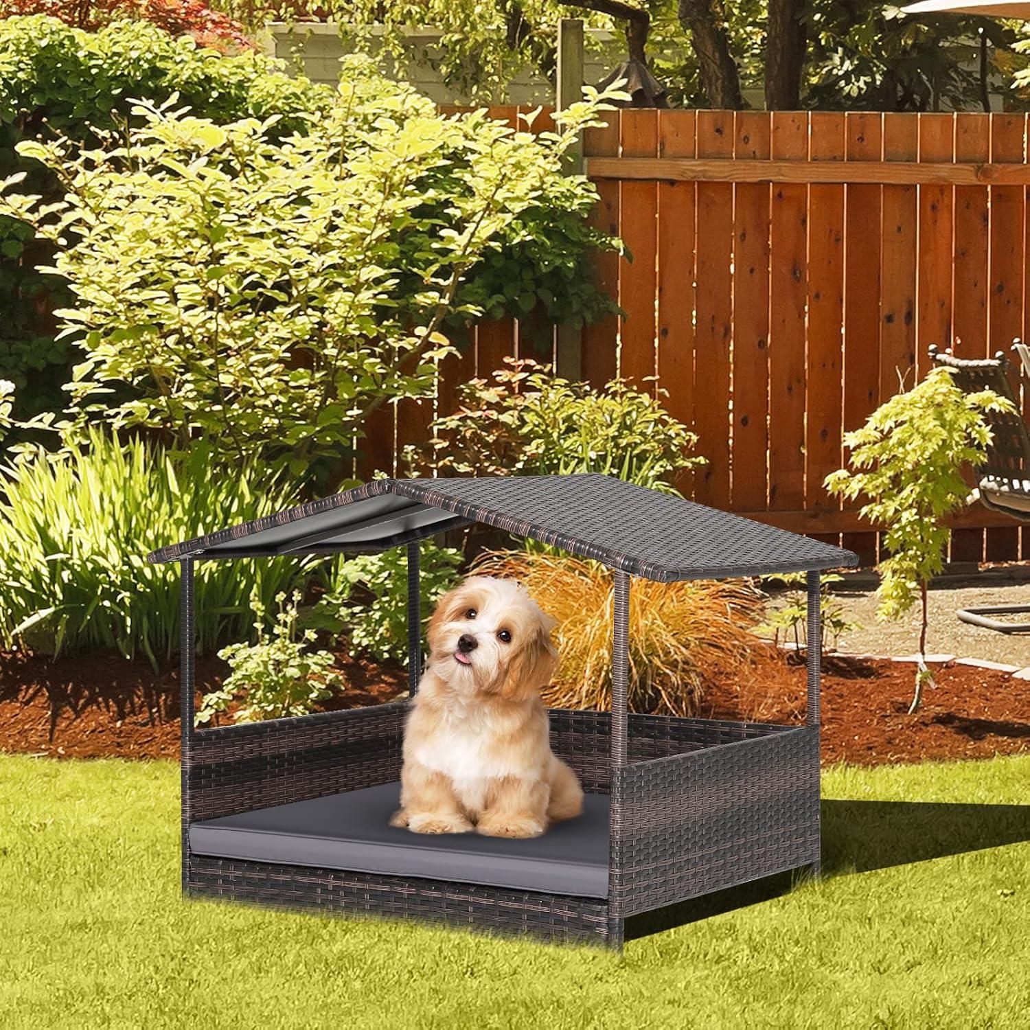 image:imageGiantex Wicker Dog House Raised Rattan Dog Bed with Waterproof Roof Washable Cushion Cover Steel Frame Indoor Outdoor Elevated Dog Bed Pet House for Small Medium Dogs Cats Easy AssemblyBrown House Grey Cushion