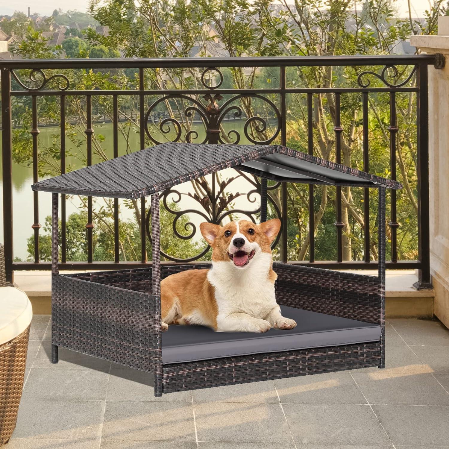 image:imageGiantex Wicker Dog House Raised Rattan Dog Bed with Waterproof Roof Washable Cushion Cover Steel Frame Indoor Outdoor Elevated Dog Bed Pet House for Small Medium Dogs Cats Easy AssemblyBrown House Grey Cushion