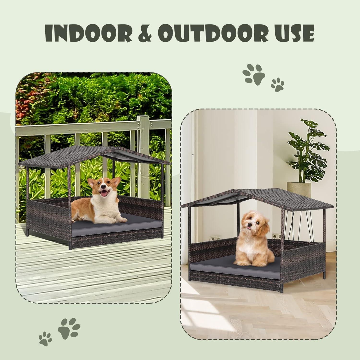 image:imageGiantex Wicker Dog House Raised Rattan Dog Bed with Waterproof Roof Washable Cushion Cover Steel Frame Indoor Outdoor Elevated Dog Bed Pet House for Small Medium Dogs Cats Easy AssemblyBrown House Grey Cushion