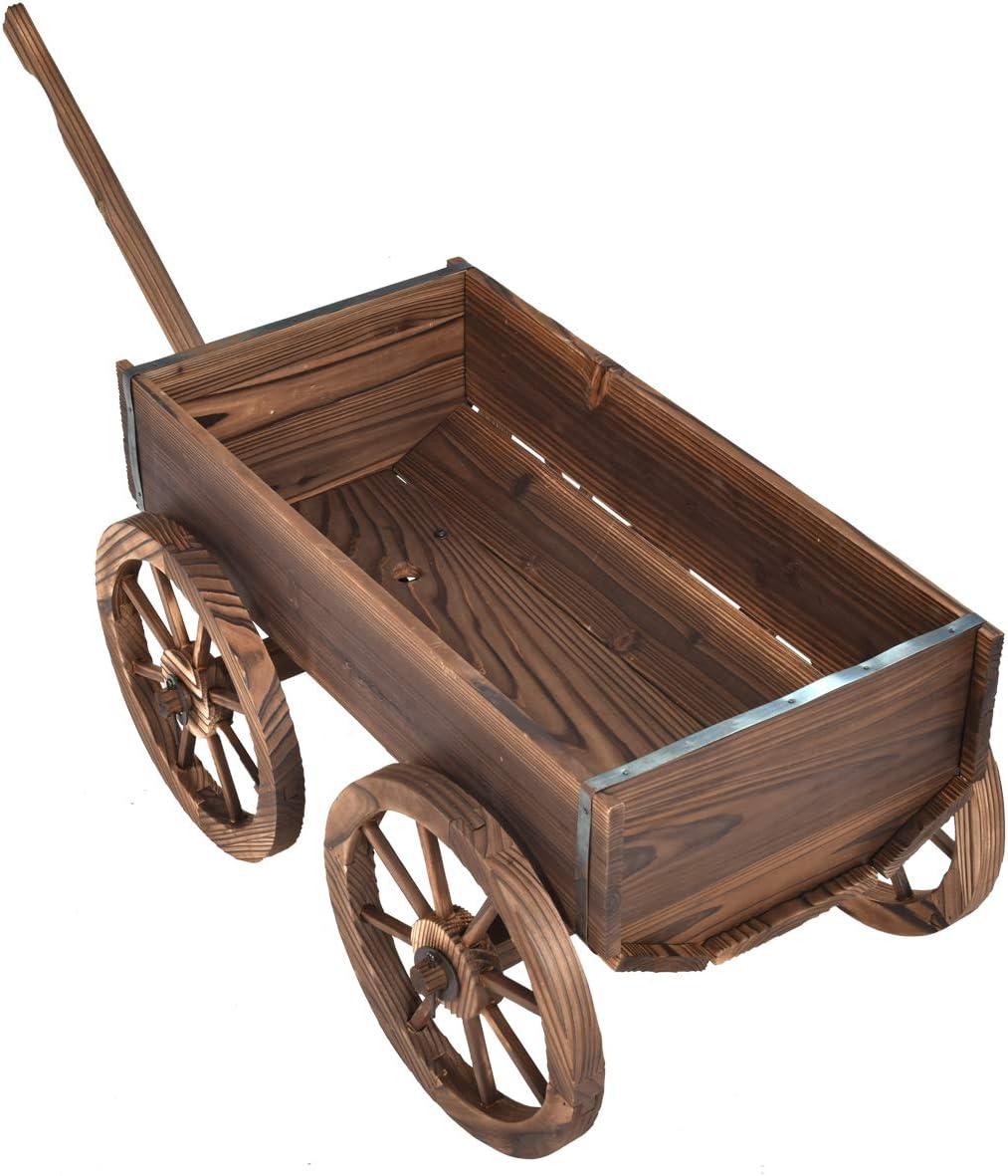 image:imageGiantex Wood Wagon Flower Planter Pot Stand WWheels Home Garden Outdoor DecorBrown