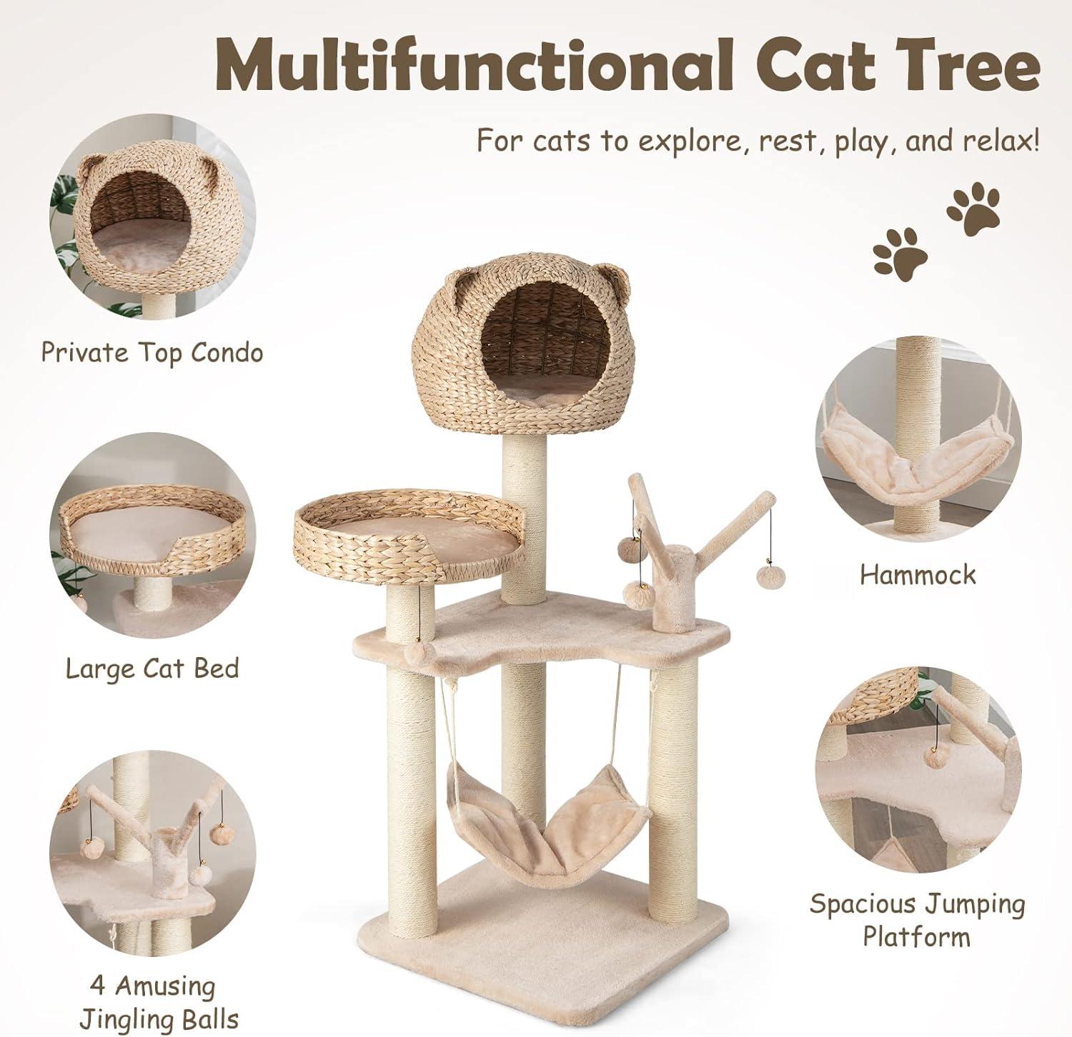 image:imageGiantex Wooden Cat Tree 48 inches Cat Tower with Cattail Condo Cat Bed Hammock Rotatable Jingling Balls Natural Sisal Scratching Posts Removable Cushion MultiLevel Kitten Activity Center