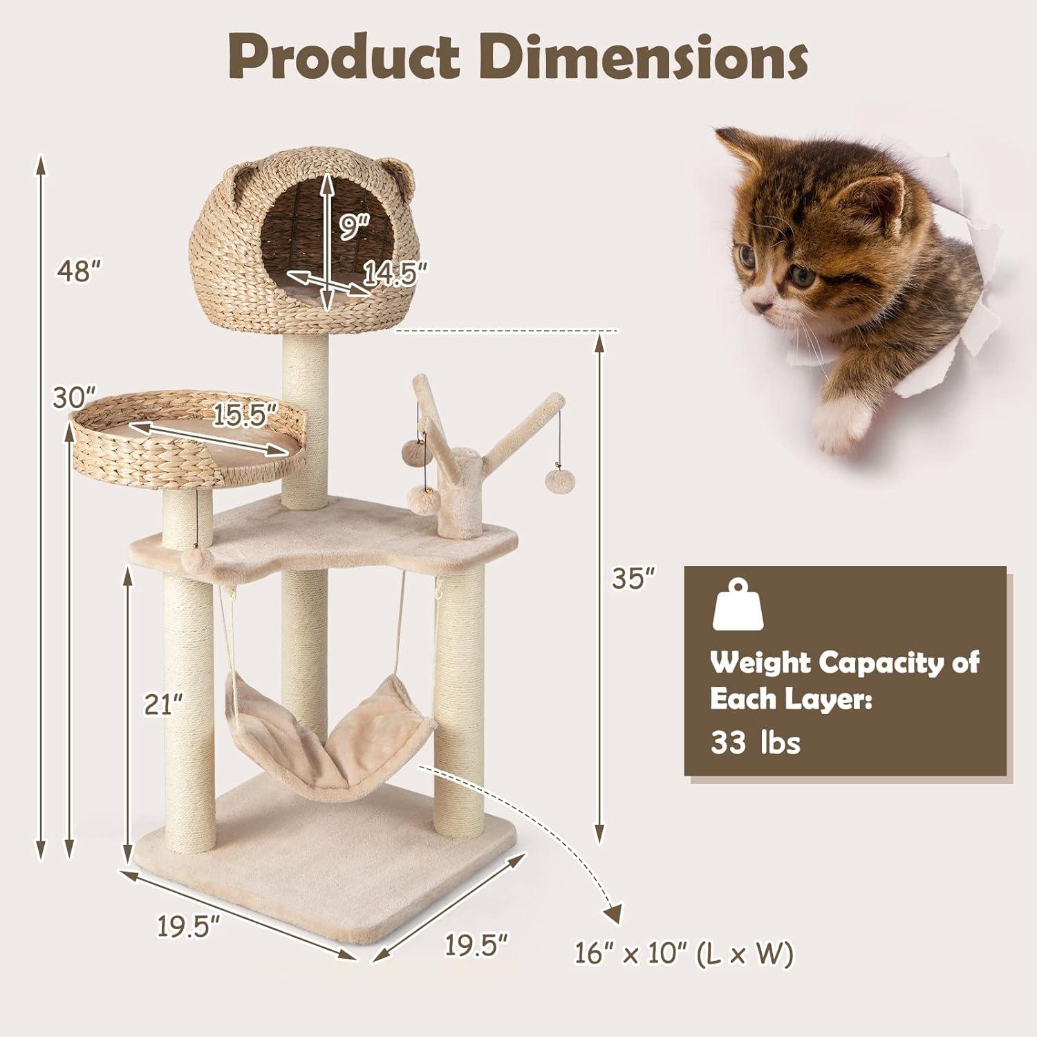 image:imageGiantex Wooden Cat Tree 48 inches Cat Tower with Cattail Condo Cat Bed Hammock Rotatable Jingling Balls Natural Sisal Scratching Posts Removable Cushion MultiLevel Kitten Activity Center