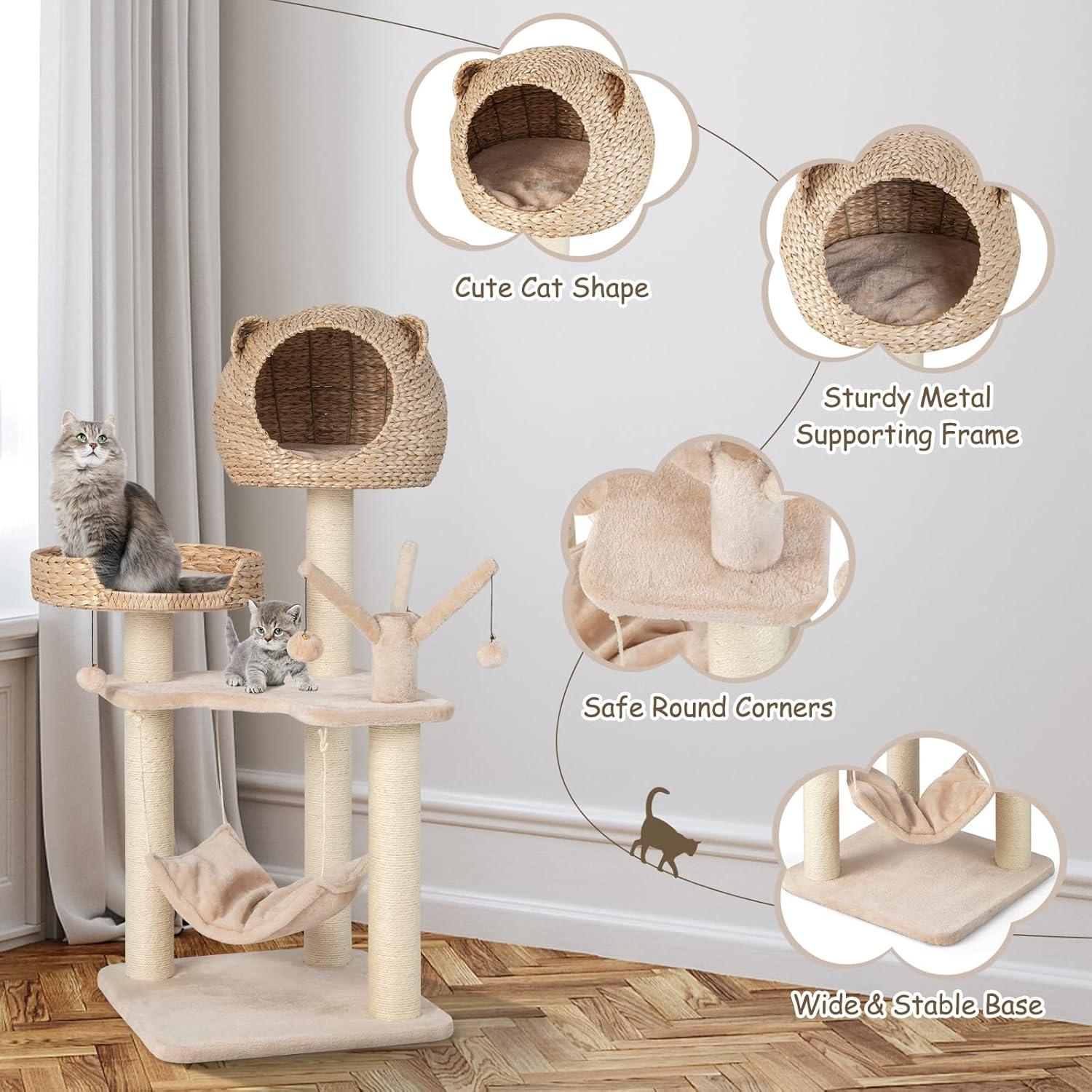 image:imageGiantex Wooden Cat Tree 48 inches Cat Tower with Cattail Condo Cat Bed Hammock Rotatable Jingling Balls Natural Sisal Scratching Posts Removable Cushion MultiLevel Kitten Activity Center