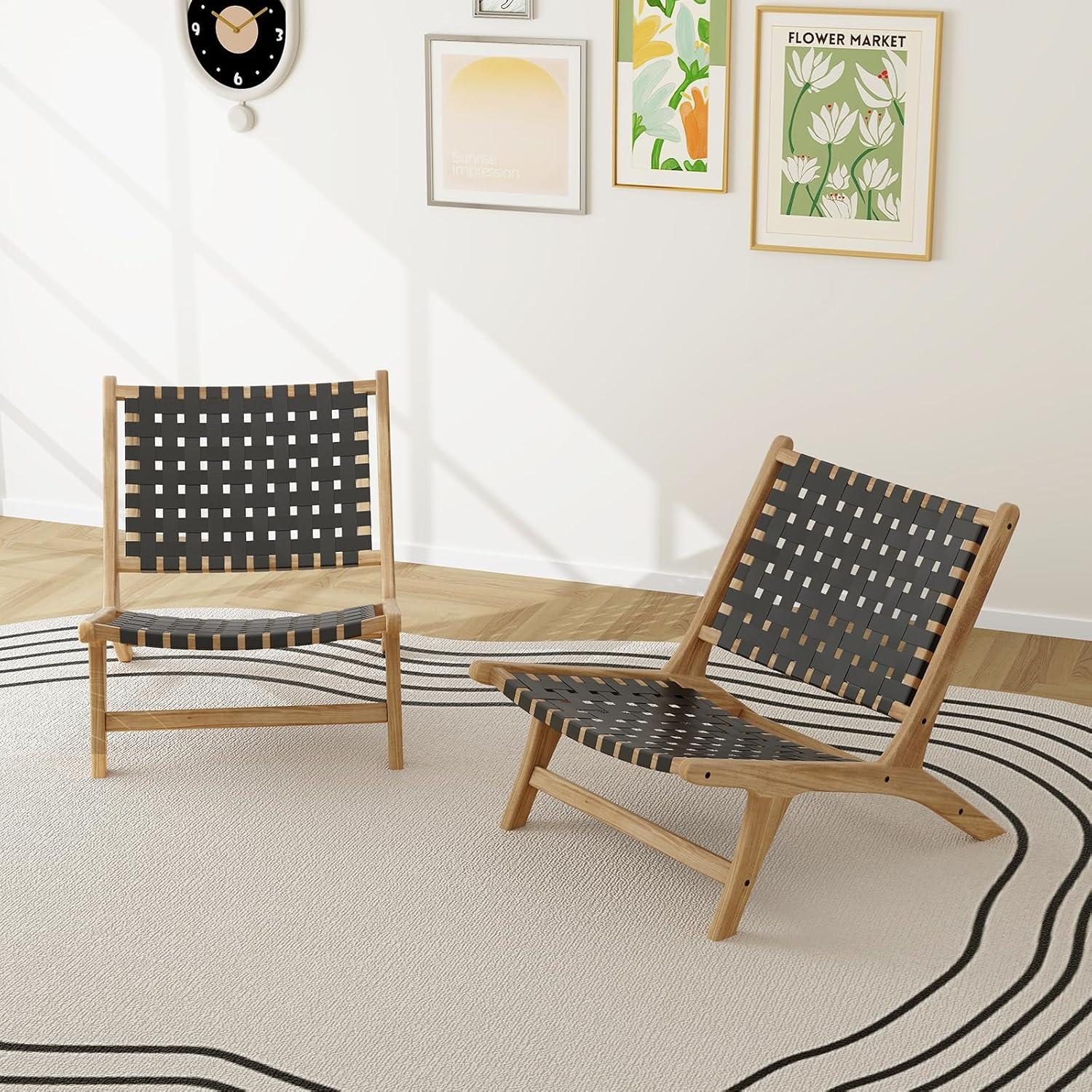 image:imageGiantex Woven Accent Chair Boho Mid Century Modern Armless Accent Chair wNylon Backrest amp Seat Teak Wood Frame Comfy Side Reading Chair for Living Room Bedroom Indoor Outdoor Black