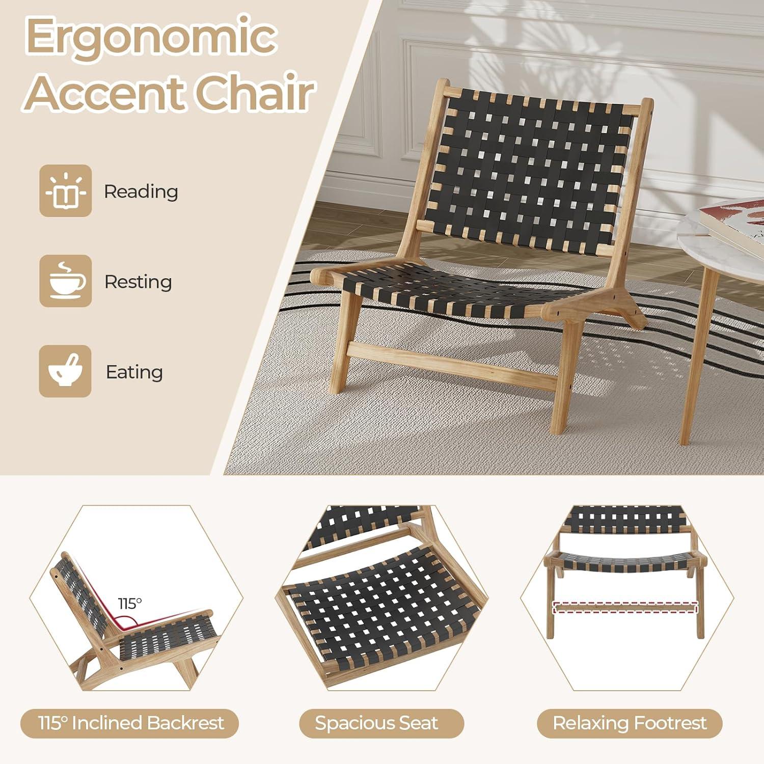 image:imageGiantex Woven Accent Chair Boho Mid Century Modern Armless Accent Chair wNylon Backrest amp Seat Teak Wood Frame Comfy Side Reading Chair for Living Room Bedroom Indoor Outdoor Black