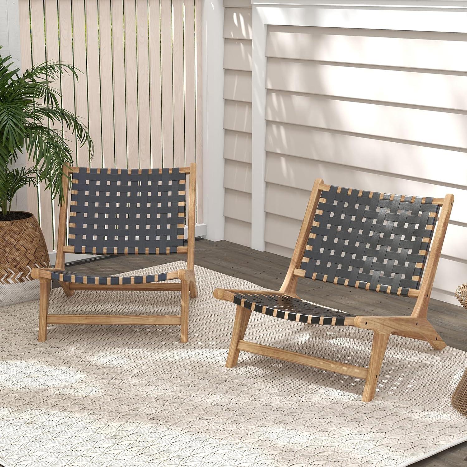 image:imageGiantex Woven Accent Chair Boho Mid Century Modern Armless Accent Chair wNylon Backrest amp Seat Teak Wood Frame Comfy Side Reading Chair for Living Room Bedroom Indoor Outdoor Black
