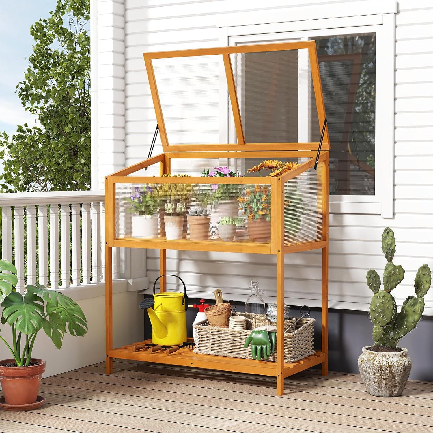 image:imageGinatex Wood Cold Frame Greenhouse Portable Raised Flower Planter Protection with Transparent Openable Roof Small Indoor Outdoor Hot House for Garden Sunroom Balcony 36x33x2336x20x42