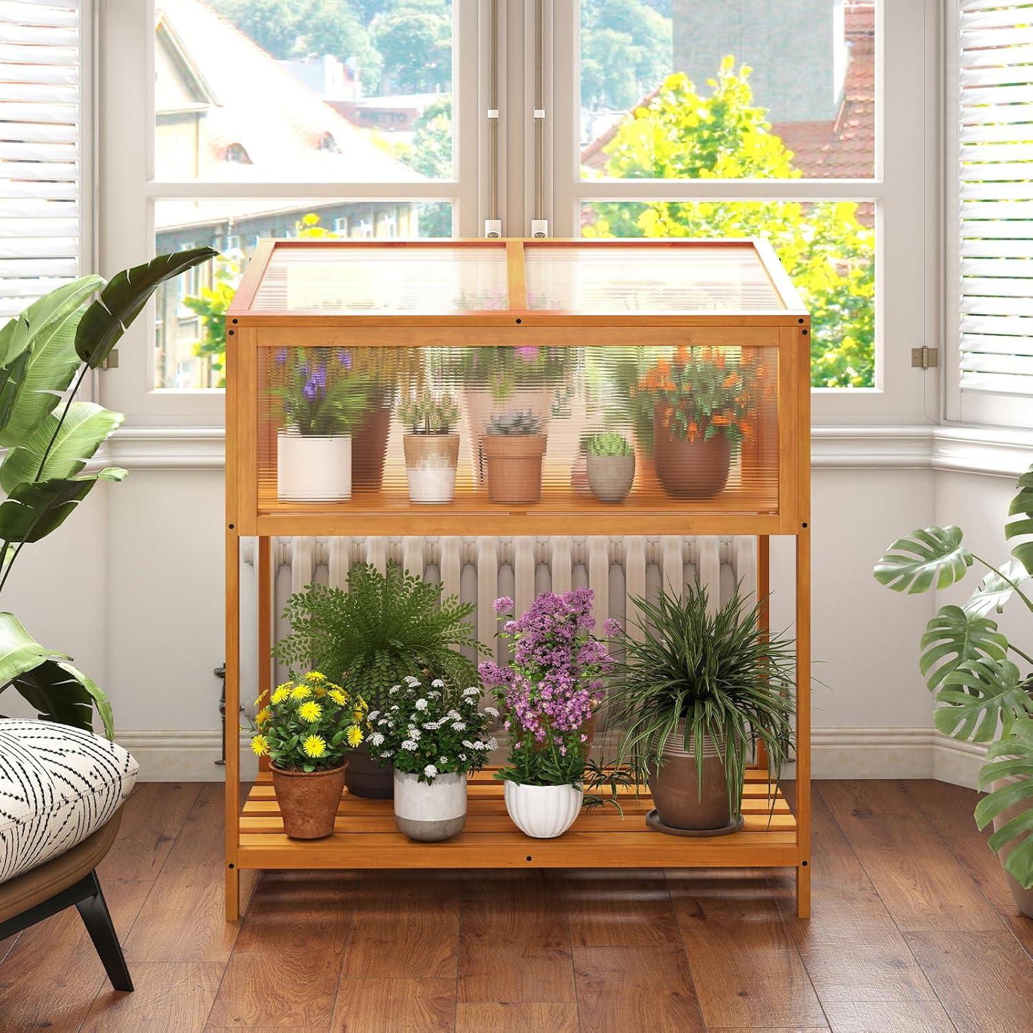 image:imageGinatex Wood Cold Frame Greenhouse Portable Raised Flower Planter Protection with Transparent Openable Roof Small Indoor Outdoor Hot House for Garden Sunroom Balcony 36x33x2336x20x42