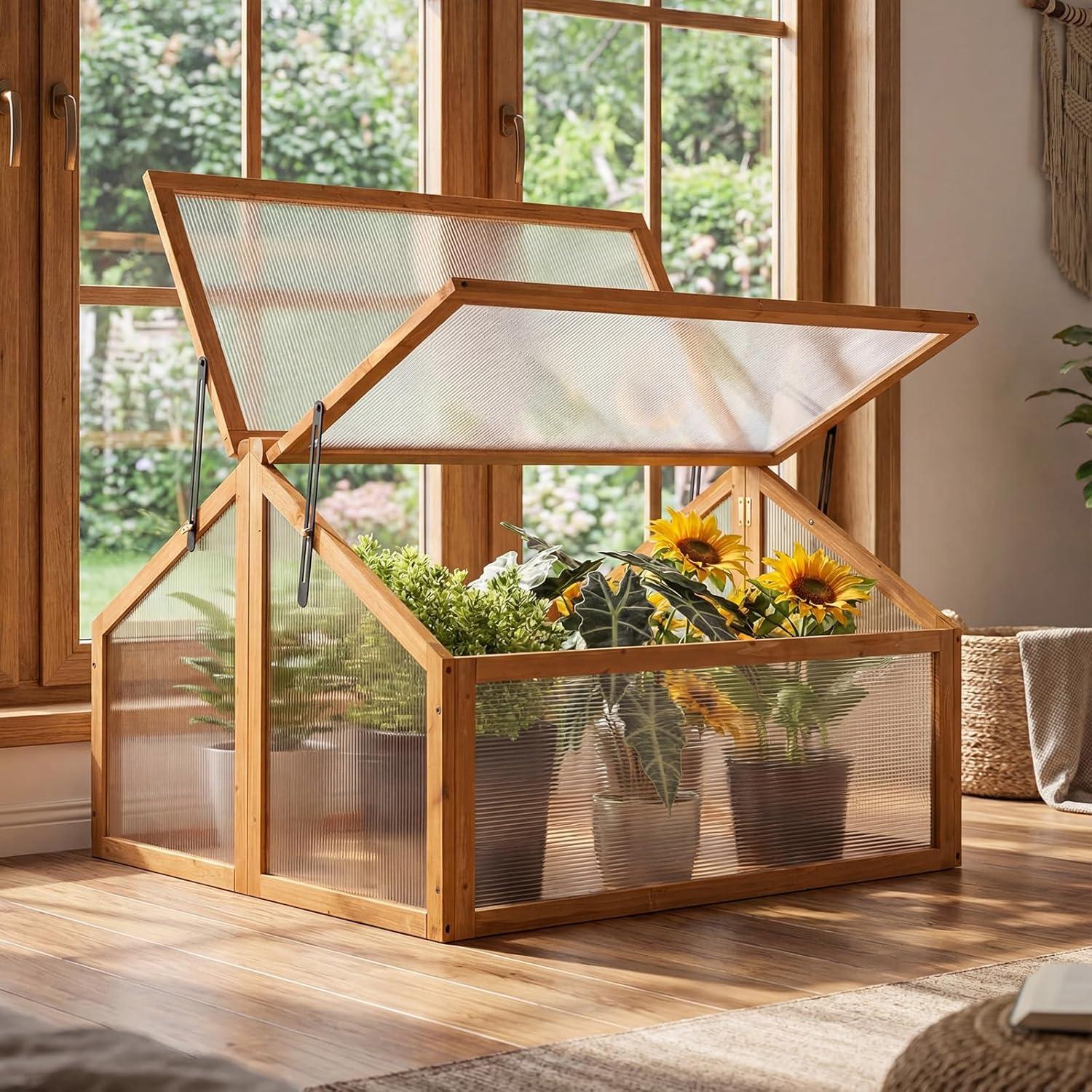 image:imageGinatex Wood Cold Frame Greenhouse Portable Raised Flower Planter Protection with Transparent Openable Roof Small Indoor Outdoor Hot House for Garden Sunroom Balcony 36x33x2336x33x23