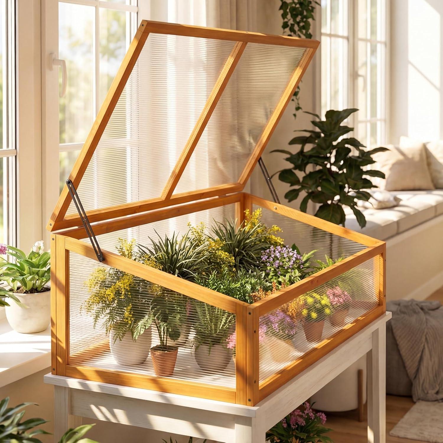 image:imageGinatex Wood Cold Frame Greenhouse Portable Raised Flower Planter Protection with Transparent Openable Roof Small Indoor Outdoor Hot House for Garden Sunroom Balcony 36x33x2337x25x16