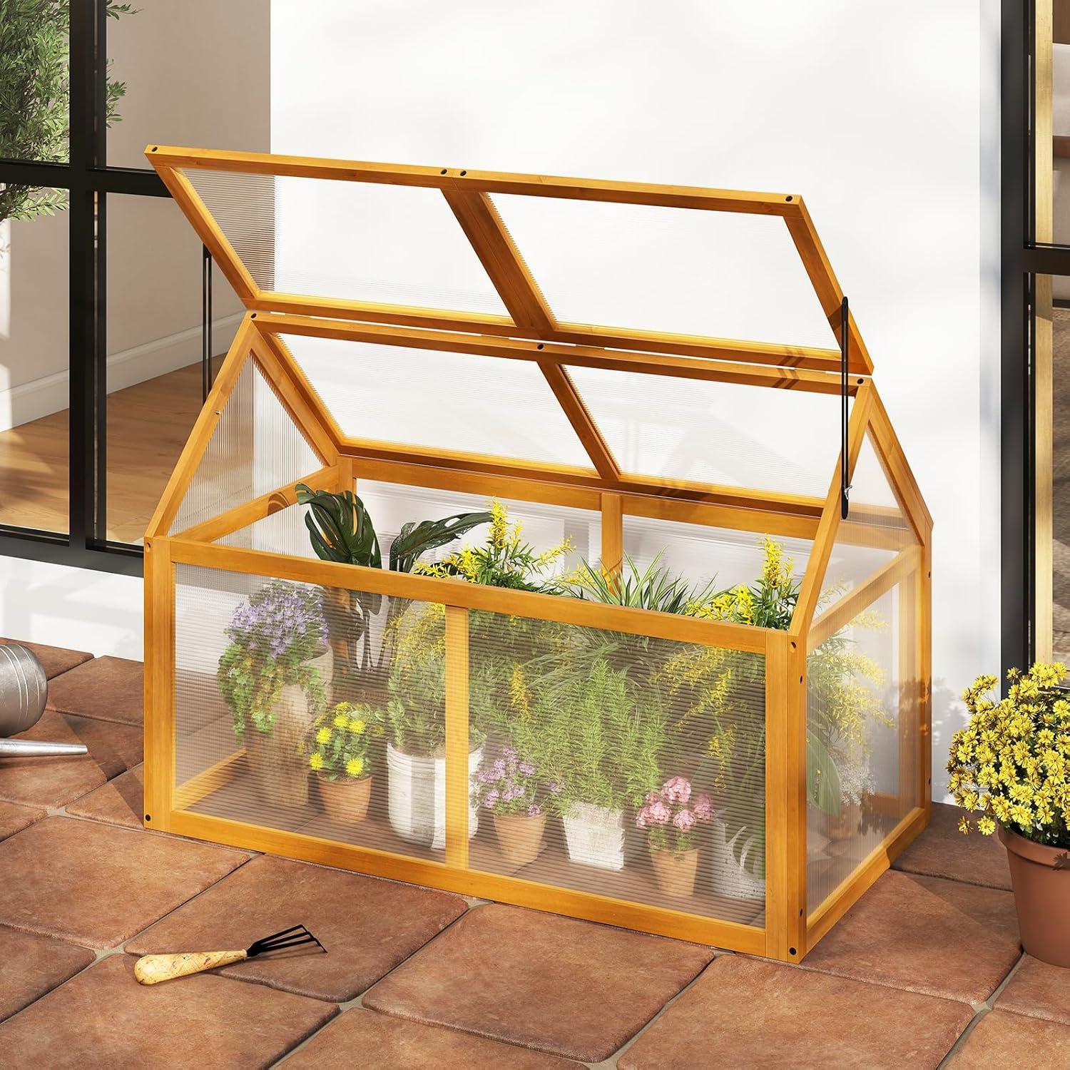 image:imageGinatex Wood Cold Frame Greenhouse Portable Raised Flower Planter Protection with Transparent Openable Roof Small Indoor Outdoor Hot House for Garden Sunroom Balcony 36x33x2340x21x28