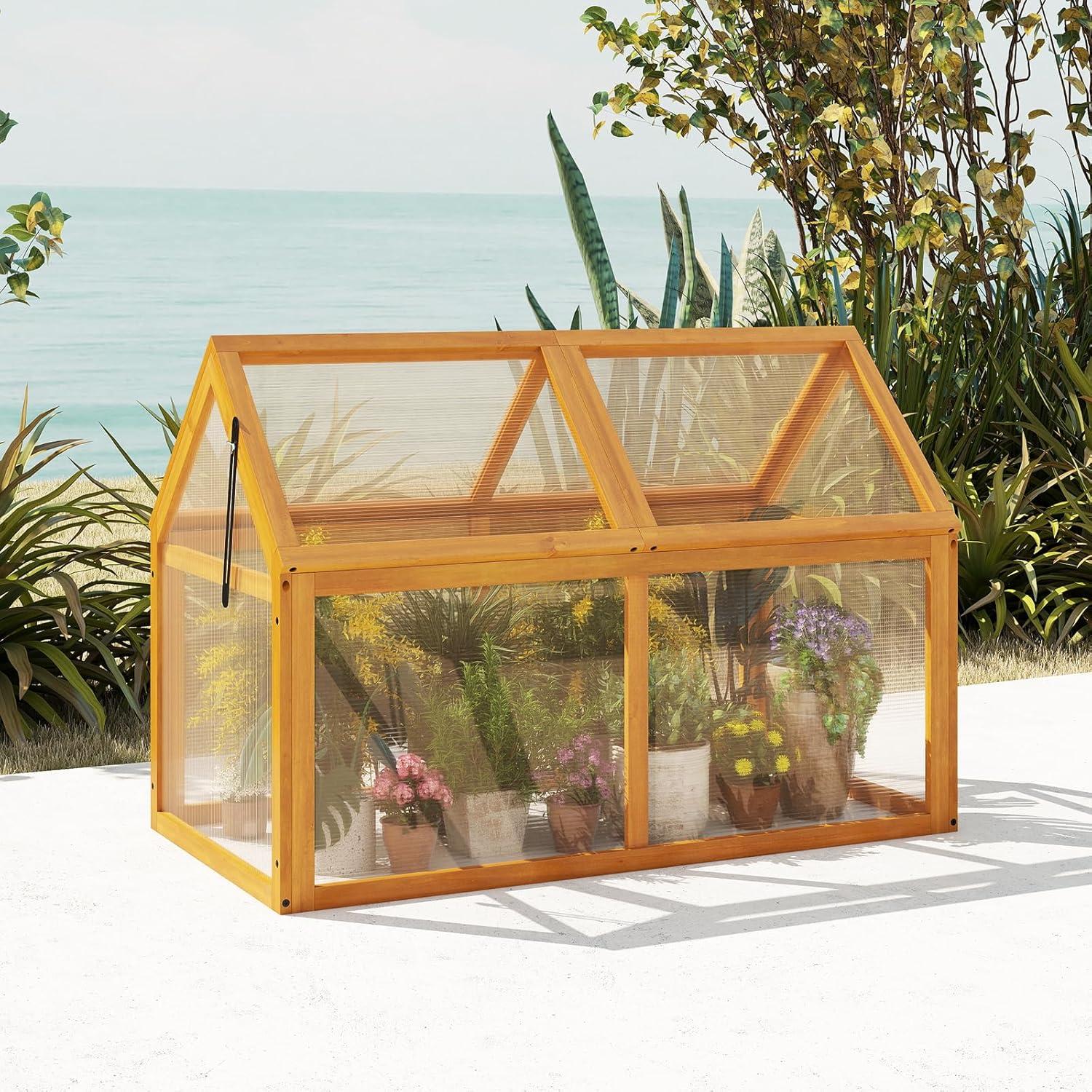 image:imageGinatex Wood Cold Frame Greenhouse Portable Raised Flower Planter Protection with Transparent Openable Roof Small Indoor Outdoor Hot House for Garden Sunroom Balcony 36x33x2340x21x28