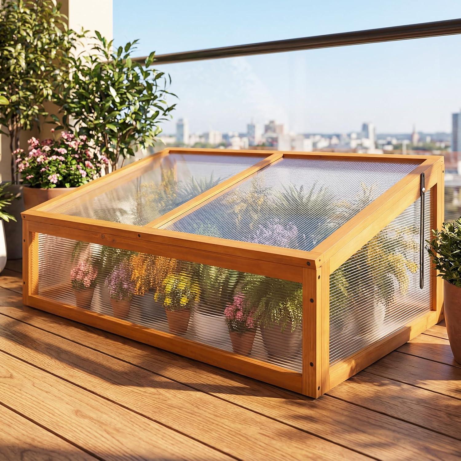 image:imageGinatex Wood Cold Frame Greenhouse Portable Raised Flower Planter Protection with Transparent Openable Roof Small Indoor Outdoor Hot House for Garden Sunroom Balcony 36x33x2337x25x16