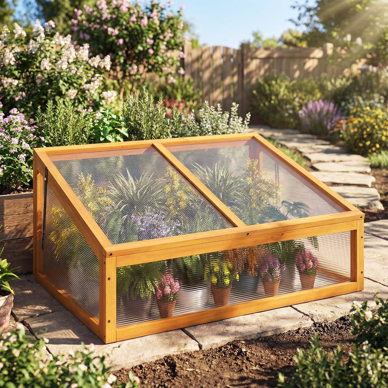 image:imageGinatex Wood Cold Frame Greenhouse Portable Raised Flower Planter Protection with Transparent Openable Roof Small Indoor Outdoor Hot House for Garden Sunroom Balcony 36x33x2337x25x16