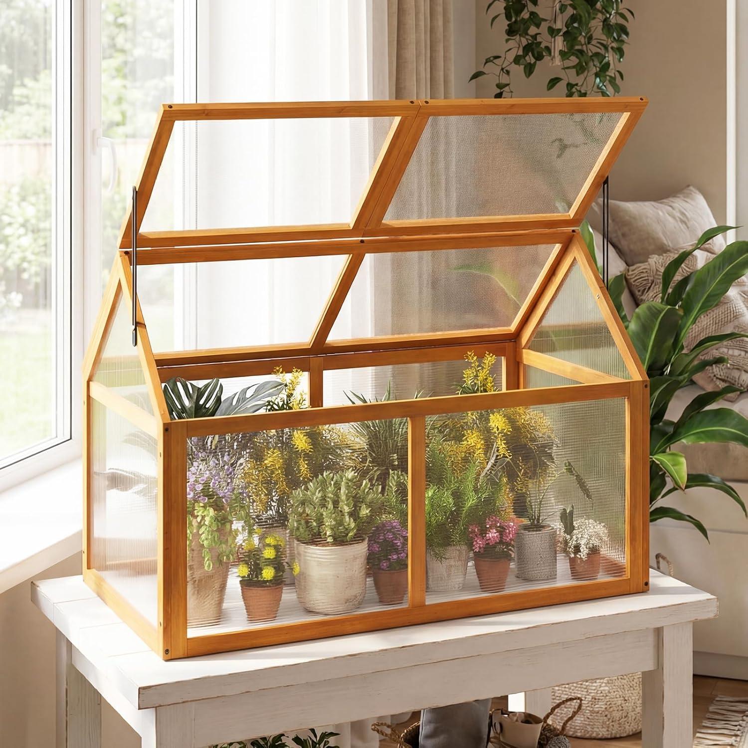 image:imageGinatex Wood Cold Frame Greenhouse Portable Raised Flower Planter Protection with Transparent Openable Roof Small Indoor Outdoor Hot House for Garden Sunroom Balcony 36x33x2340x21x28