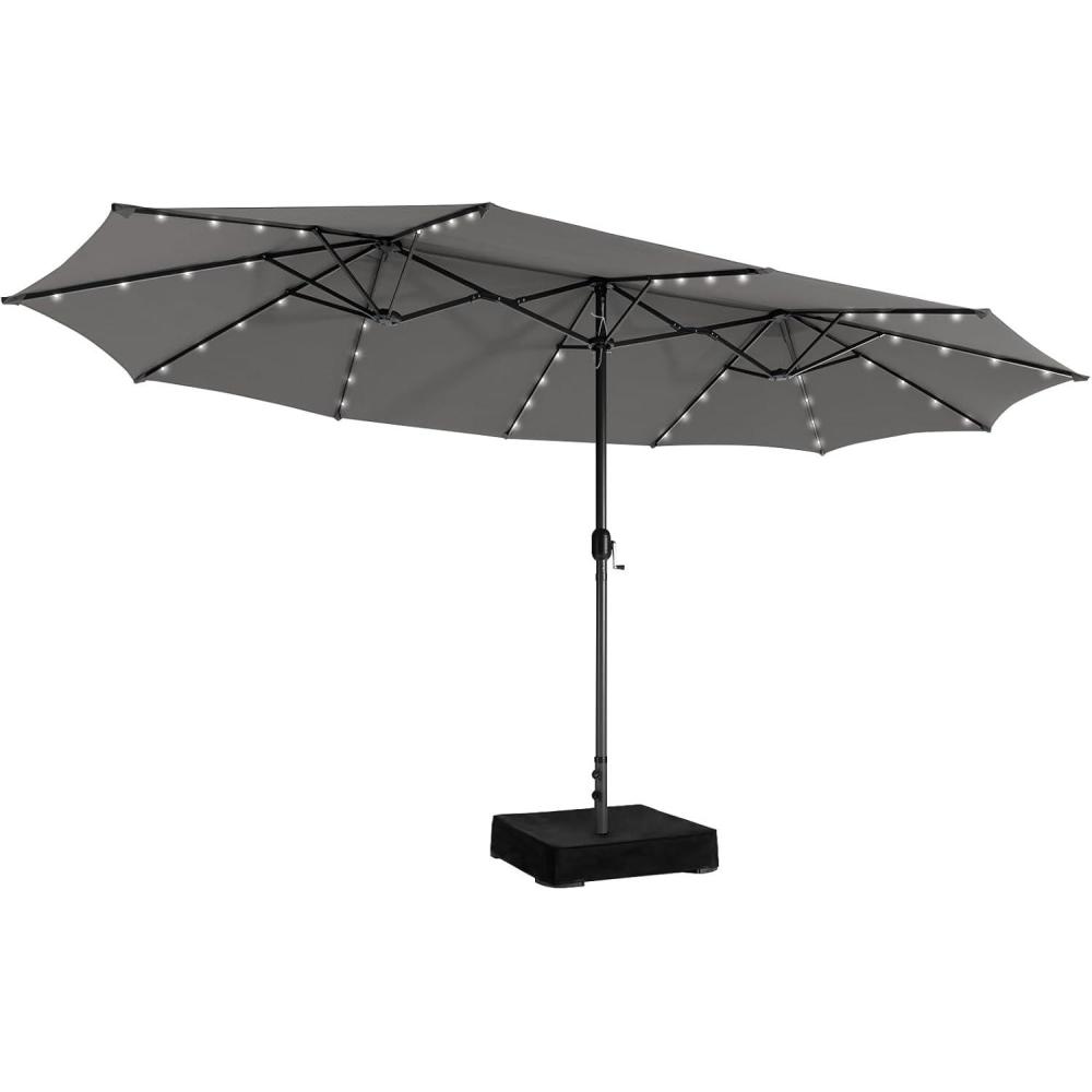 image:imageGiantex 15ft Large Outdoor Umbrella DoubleSided 48 Solar Lights AutoCharging Solar Panel Extra Large Patio Umbrella with Base and Crank Outdoor Market Umbrellas for Poolside GardenGray