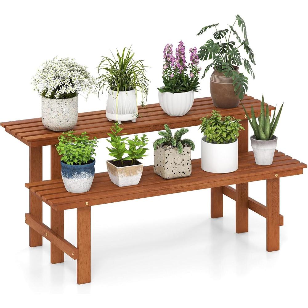 image:imageGiantex 2 Tier Wood Plant Stand Ladder Plant Shelf for Multiple Potted Plants with Teak Oil Finish Indoor amp Outdoor Flower Pot Holder Corner Display Rack for Balcony Living Room Garden