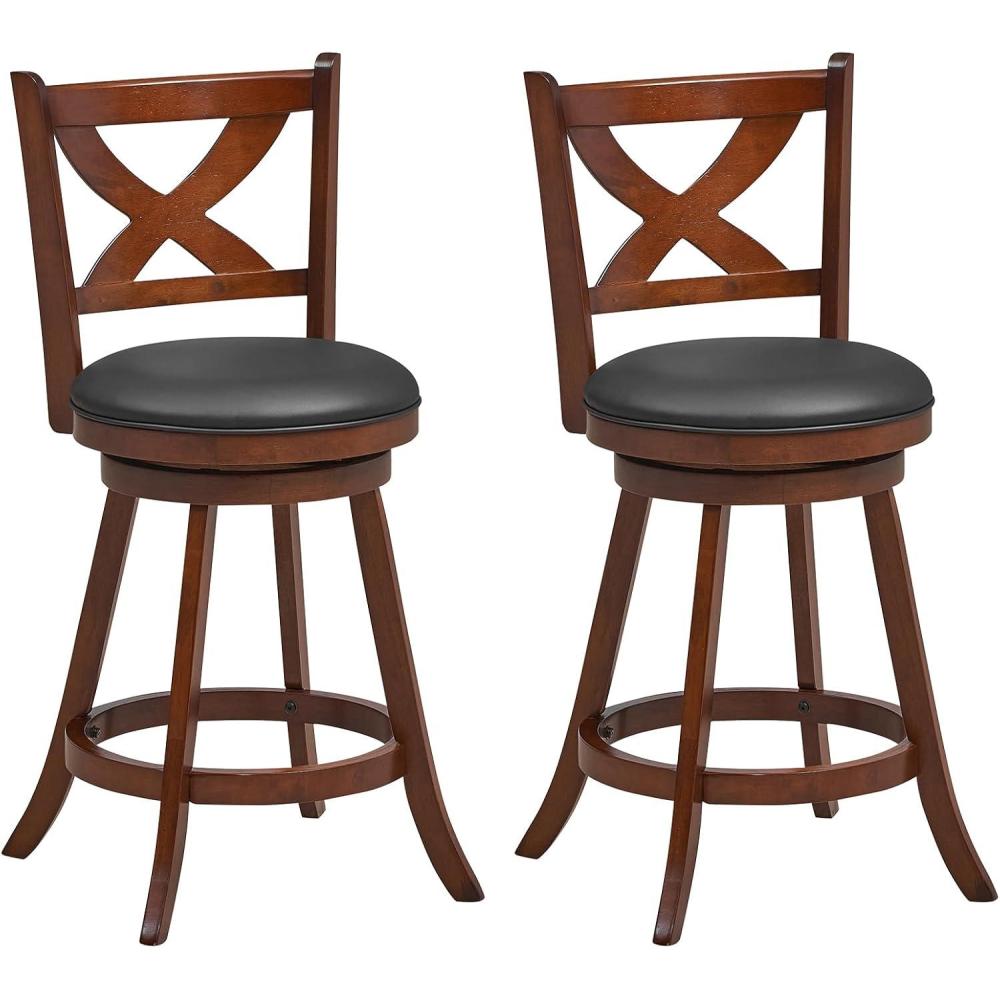 image:imageGiantex 24 Bar Stools Set of 2 360 Swivel Counter Height Stools with Back Solid Rubber Wood Frame Leather Padded Seat Vintage Upholstered Armless Farmhouse Barstools for Kitchen Island Home Bar1