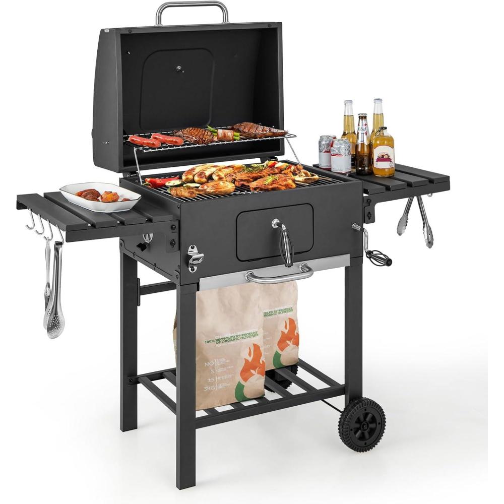 image:imageGiantex 24Inch Charcoal Grill 2 Foldable Side Tables Bottom Storage Shelf 8 Hooks Adjustable Charcoal Tray Pullout Ash Tray Outdoor BBQ Grill for Family Gatherings Backyard Party Camping2 Side Tables