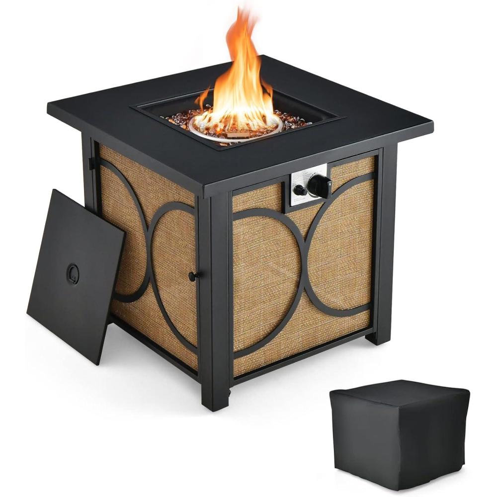 image:imageGiantex 25Inch Propane Fire Pit Table 40000 BTU Square Gas Firepit Table with Lid Fire Glass and Adjustable Flame CSA Approved 2in1 Outdoor Fire Table for Patio and GardenModern