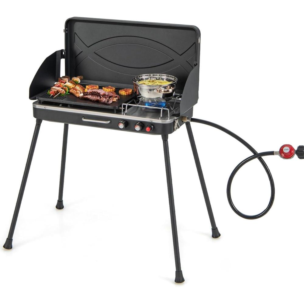 image:imageGiantex 2in1 Gas Camping Grill and Stove Portable Propane Grill Burner with Dual Control Knobs Detachable Legs 3Sided Wind Screen Gas Hose with Regulator 20000 Total BTUs BlackBlack