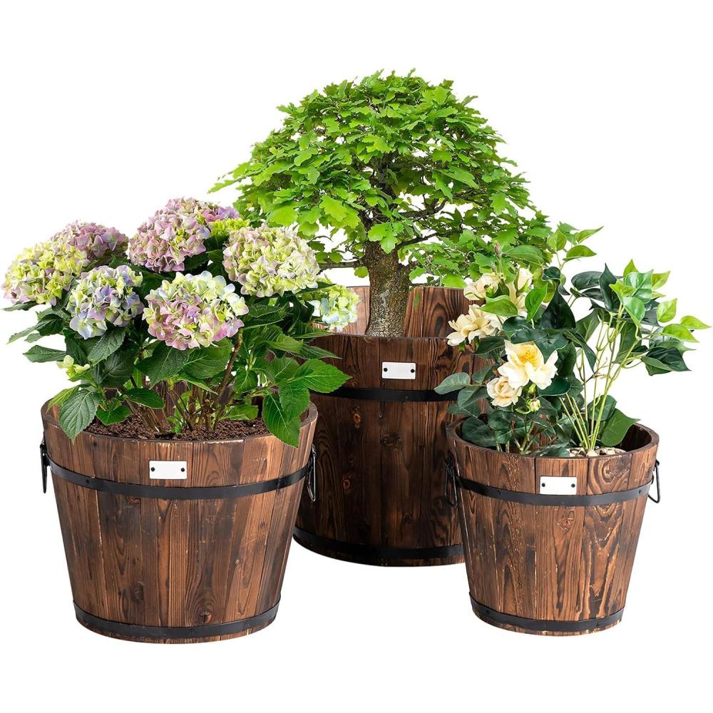 image:imageGiantex 3 Pieces Barrel Planter Wood Bucket Raised Beds for Plants Herbs Veggies Indoor Outdoor Decorative Planter Box with Drainage Holes 3 Sizes