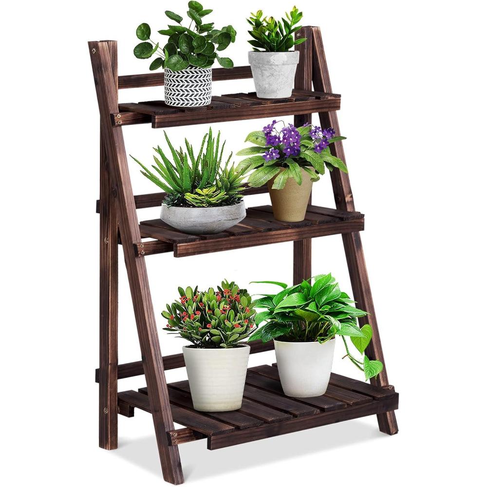 image:imageGiantex 3 Tier Folding Wooden Plant Stand Indoor Flower Pot Holder Display Rack Free Installation Corner Plants Storage Shelf Foldable Rustic Wood Ladder Shelf for Home Patio Balcony Garden