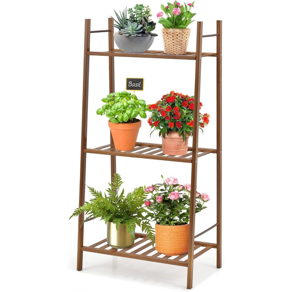 image:imageGiantex 3 Tier Ladder Shelf Bamboo Plant Stand Indoor Outdoor Multifunctional Bookcase Ladder Planter Storage Shelving Unit for Living Room Bathroom Patio Balcony Garden Office Brown