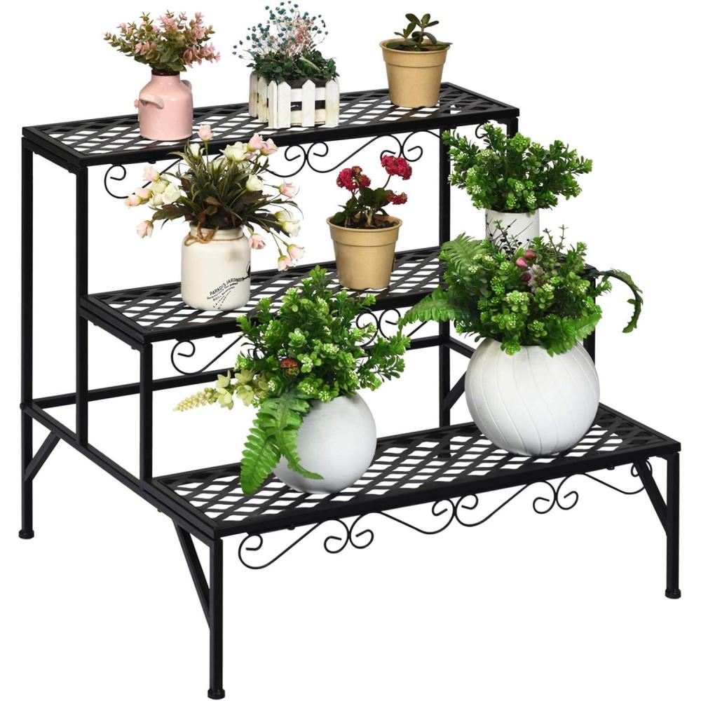 image:imageGiantex 3 Tiers Black Metal Plant Stand Metal Plant Shelf Stands w 69 Flower Potted Capacity Holders Multiple Flower Pot Display Rack for Plants Patio Garden Corner Indoor RectangularRectangular