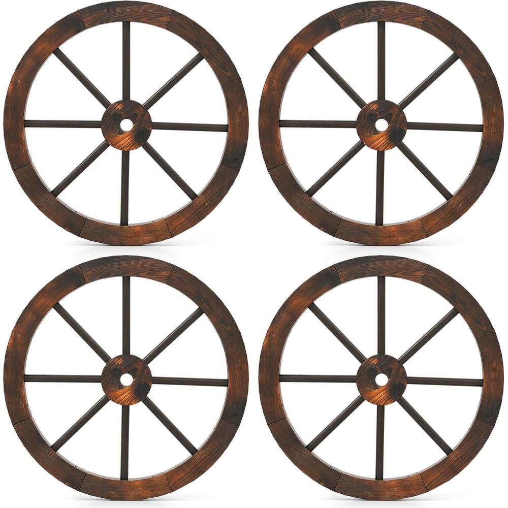 image:imageGiantex 30Inch Wagon Wheels 2 Pieces Carbonized Solid Fir Wood Old Western Style Wall Art Garden Decor Decorative Rustic Hanging Wood Wheels for Yard Garage Bar Farmhouse Outdoor24  4 Pieces