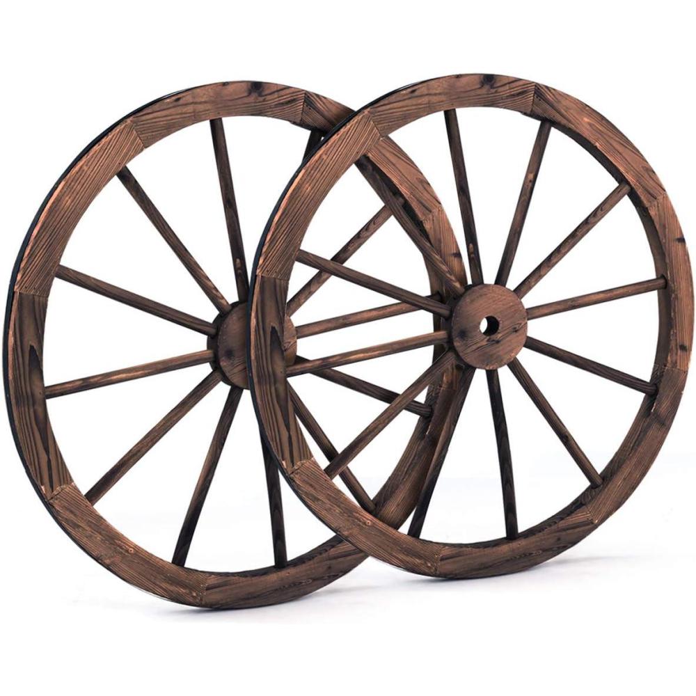 image:imageGiantex 30Inch Wagon Wheels 2 Pieces Carbonized Solid Fir Wood Old Western Style Wall Art Garden Decor Decorative Rustic Hanging Wood Wheels for Yard Garage Bar Farmhouse Outdoor30  2 Pieces