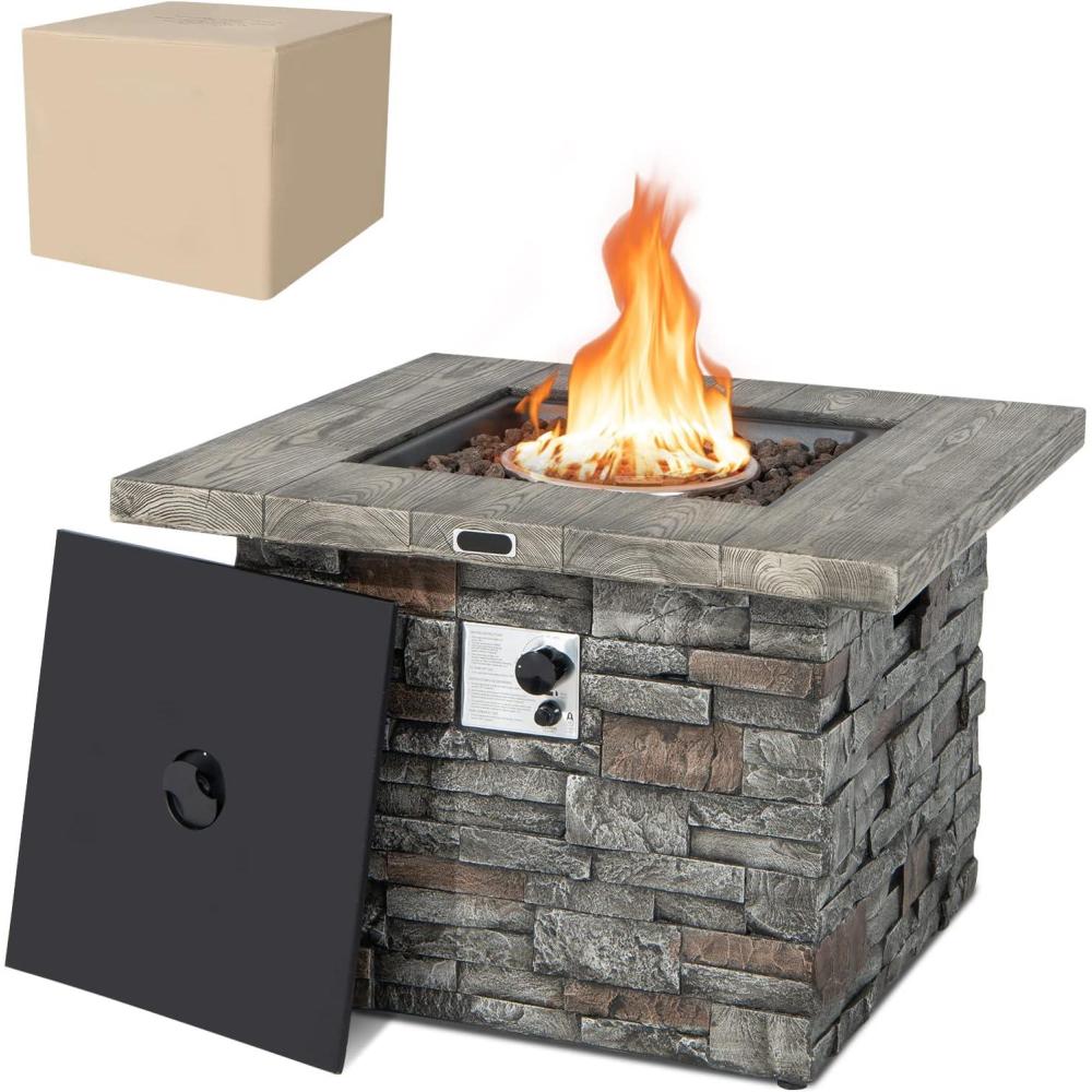 image:imageGiantex 345 Propane Gas Fire Pit Table  Patio 2in1 Outdoor Square Fire Table WVolcanic Rock amp PVC Cover Stainless Steel Burner 50000 BTU Heat Output Faux Stone Surface Outside Fireplace