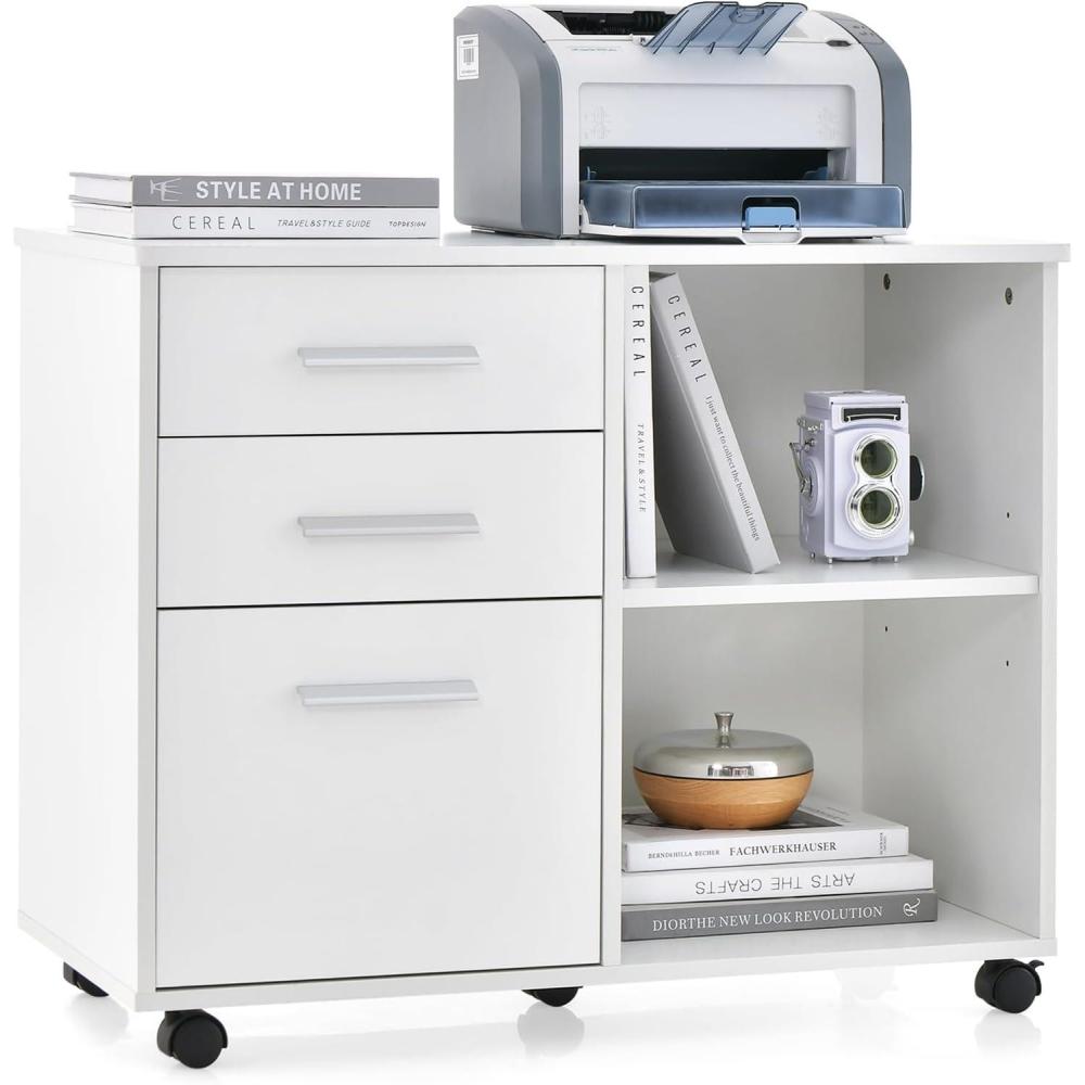 image:imageGiantex 3Drawer File Cabinet for Office Home Mobile Lateral Filing Cabinet with Hanging Bars Open Storage Shelves 5 Universal Wheels Printer Stand for Letter Size Storage Cabinet WhiteWhite