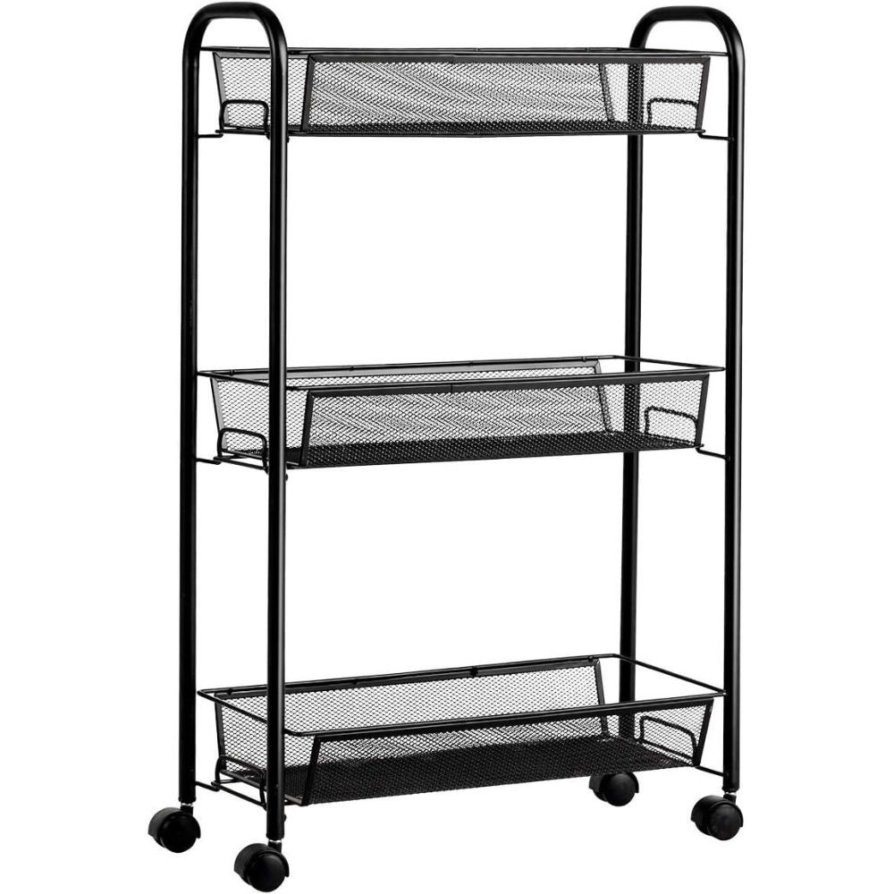 image:imageGiantex 3Tier Mesh Rolling Cart on Wheels Utility Cart Mobile Organizer Multifunctional Storage Cart with 3 Wire Baskets for Home and Office Black