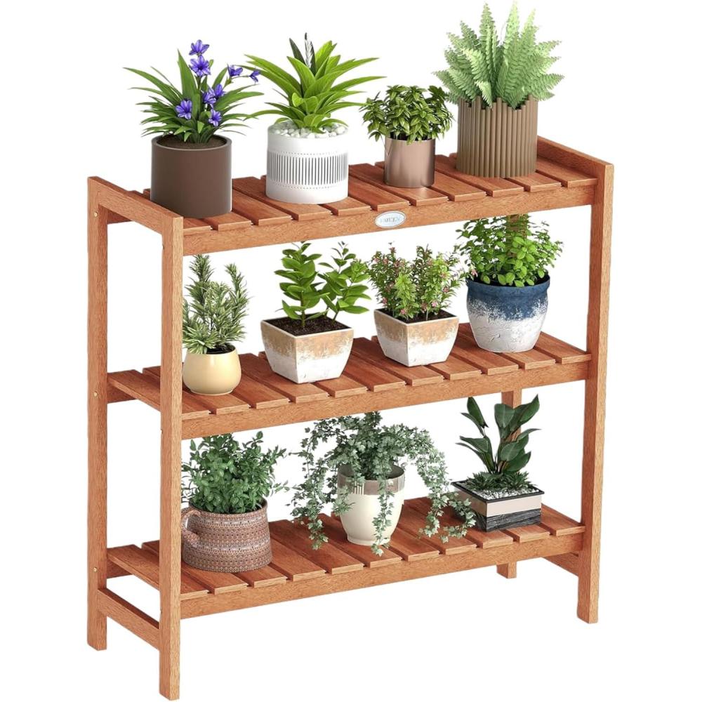 image:imageGiantex 3Tier Plant Stand Indoor Solid Wood Flower Pot Display Rack w Slatted Shelves Take Oil Finish Bookshelf Shoe Rack Indoor Outdoor Storage Shelf for Patio Garden Balcony Home Living Room Entryway