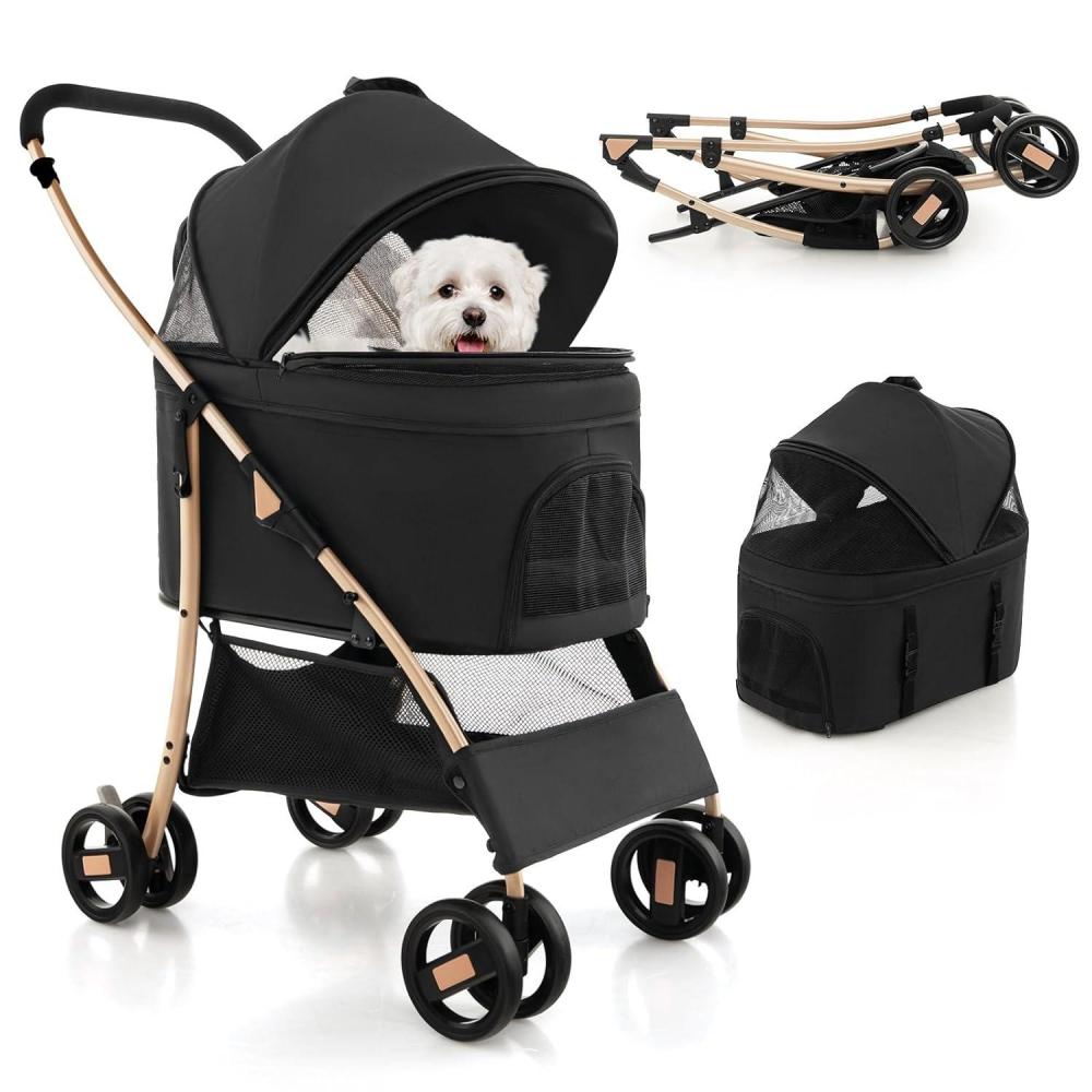 image:imageGiantex 3in1 Folding Dog Stroller Detachable Carrier Car Seat 4 Wheels Pet Travel Stroller with Adjustable Canopy Storage Basket for Small Medium Dogs Cats Puppy Black amp Rose GoldBlack  Rose Gold