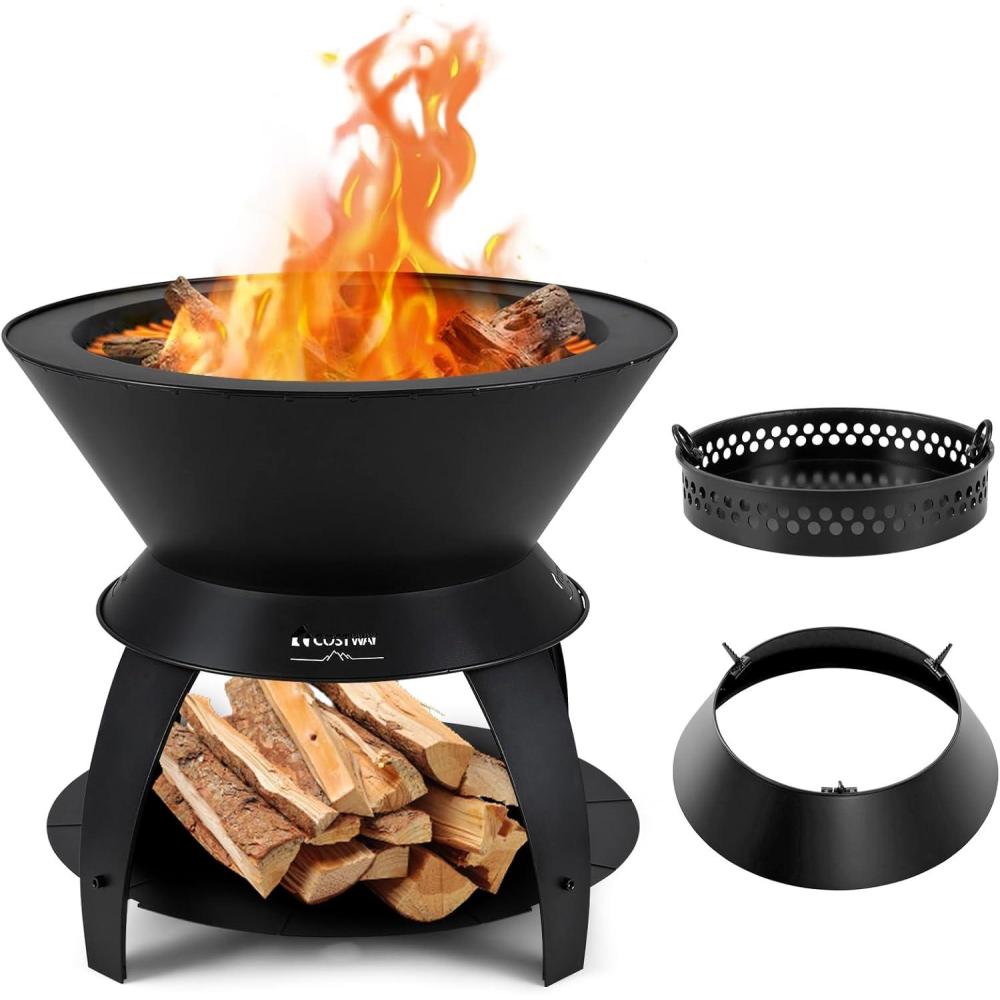 image:imageGiantex 3in1 Outdoor Fire Pit 20 Wood Burning Fire Pits with Removable Wok Ring Ash Pan amp Storage Shelf OxygenEnriched Burning HeavyDuty Portable Fire Bowl for Camping Backyard Patio BBQ