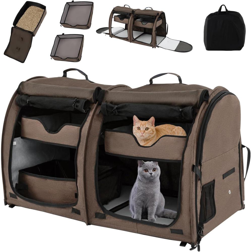 image:imageGiantex 40 Inch Cat Carrier with Double Compartments Travel Litter Box 2 Removable Hammocks and Mats Portable Cat House Pet Kennel Dog Crate with Carry Bag for Car Trip Camping BrownBrown